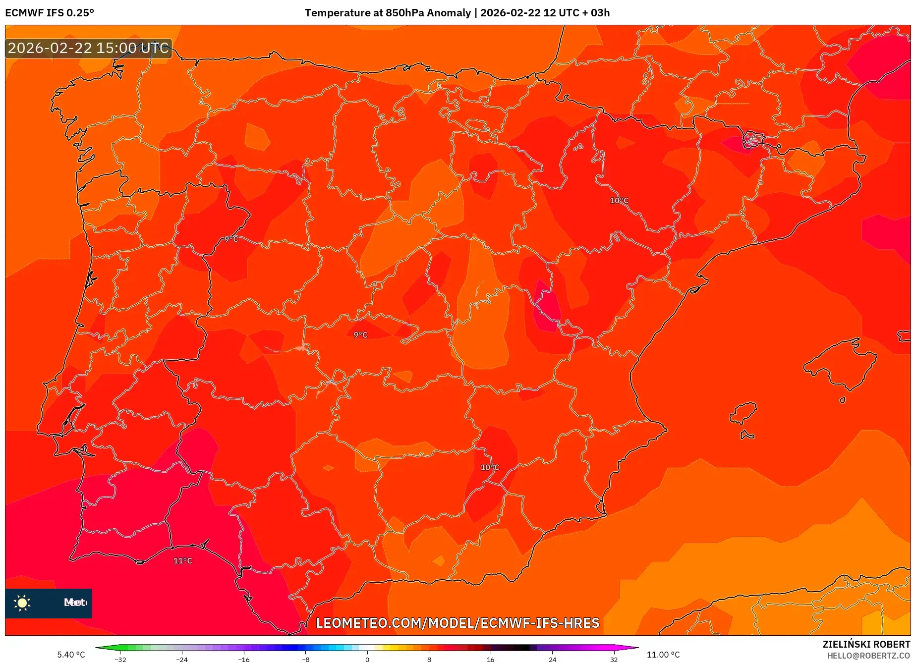 ECMWF IFS 0.25° model - إسبانيا, انحراف درجة الحرارة 850 hPa
