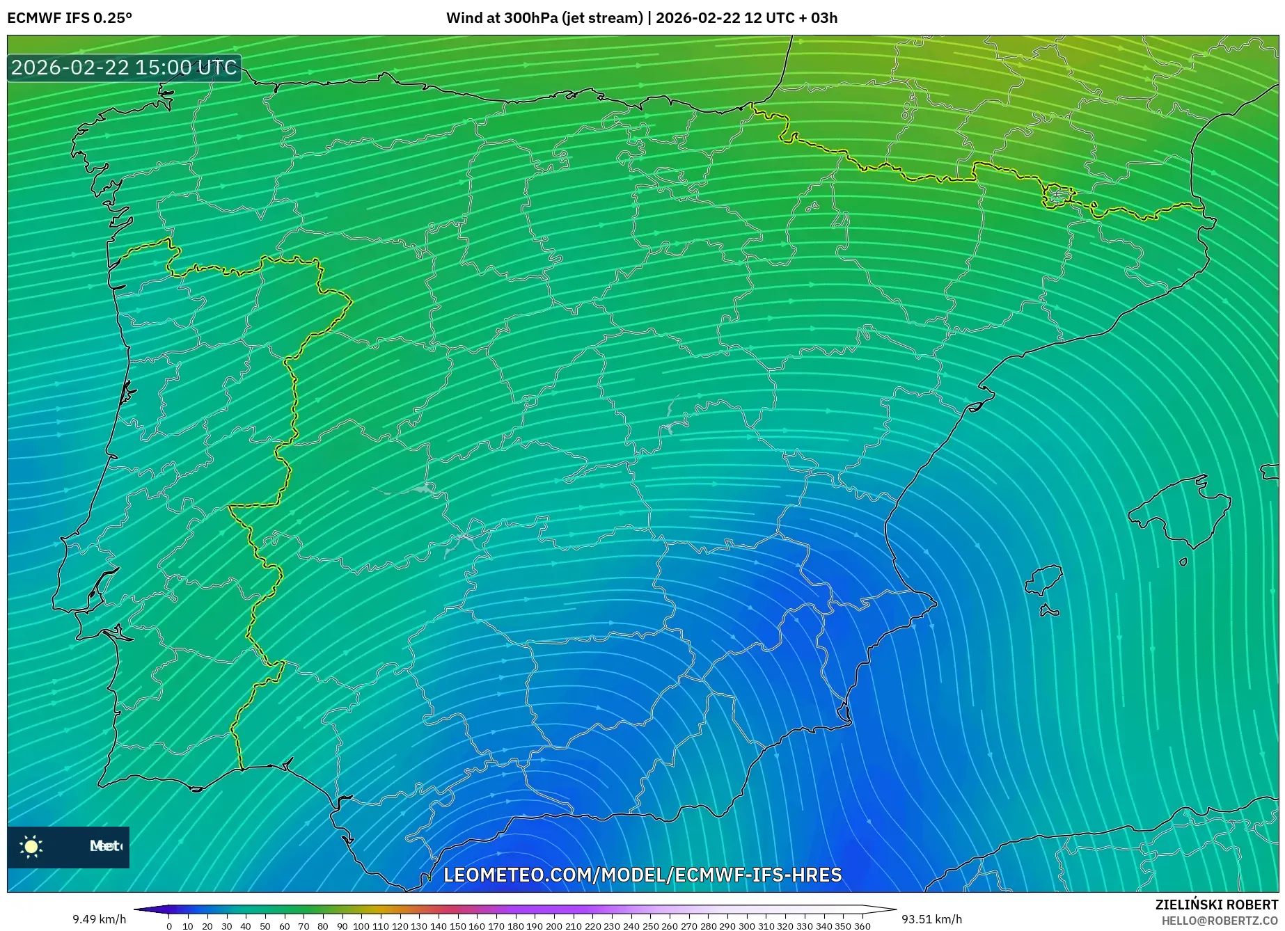 ECMWF IFS 0.25° model - إسبانيا, رياح 300 hPa (تيار نفاث)