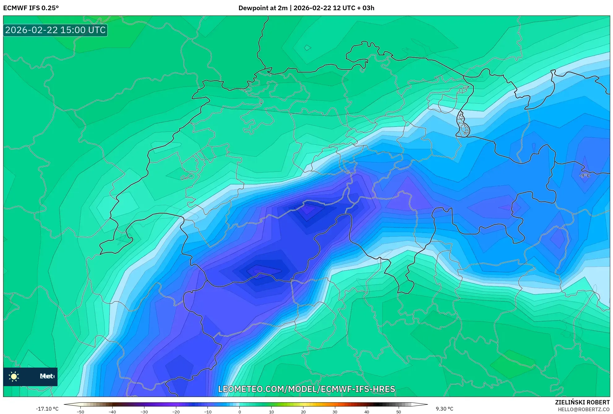 ECMWF IFS 0.25° model - سويسرا, نقطة الندى 2 م