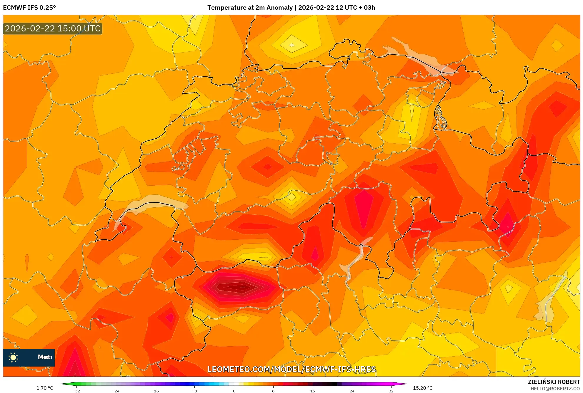 ECMWF IFS 0.25° model - سويسرا, انحراف درجة الحرارة 2 م