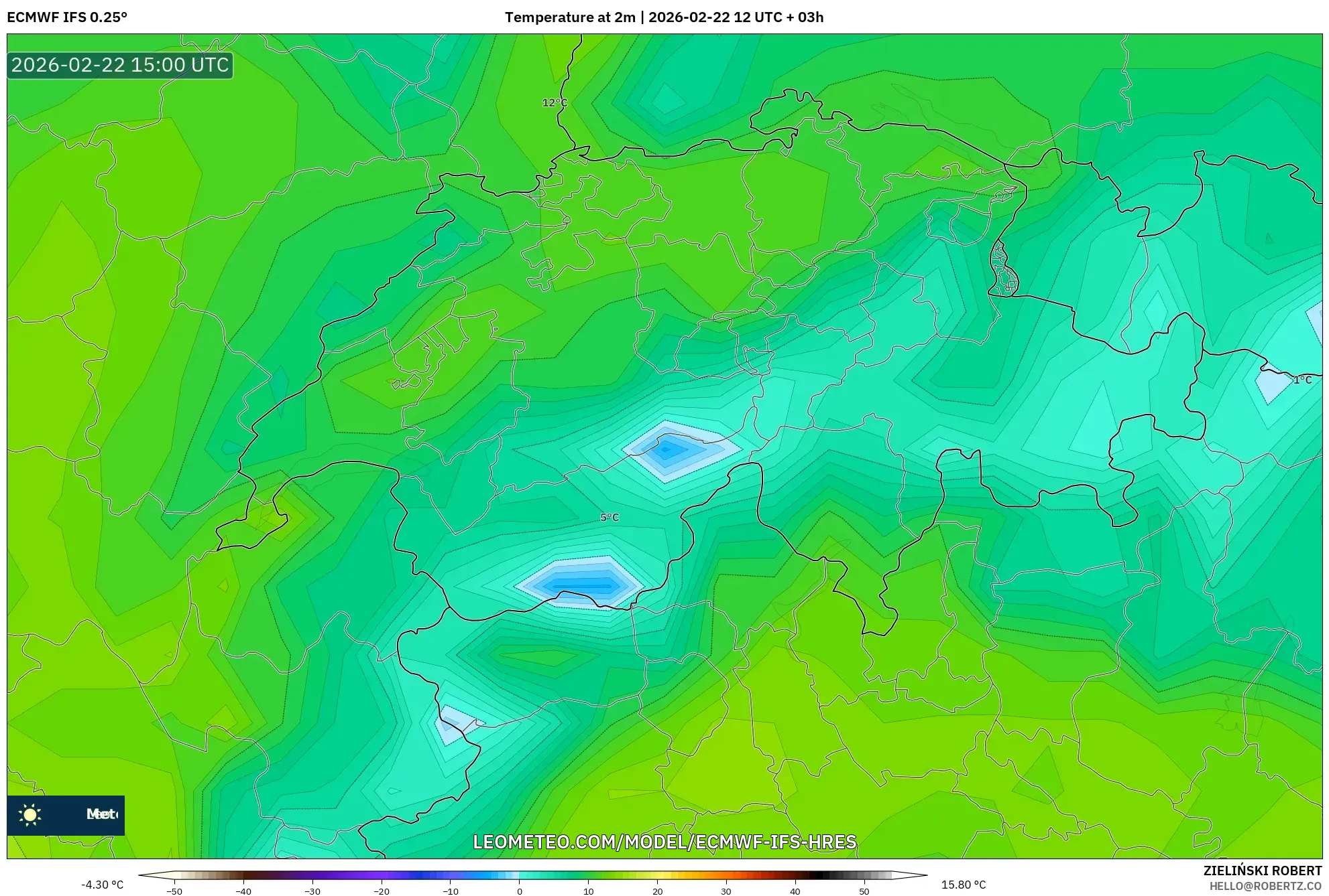 ECMWF IFS 0.25° model - سويسرا, درجة الحرارة على ارتفاع 2 م