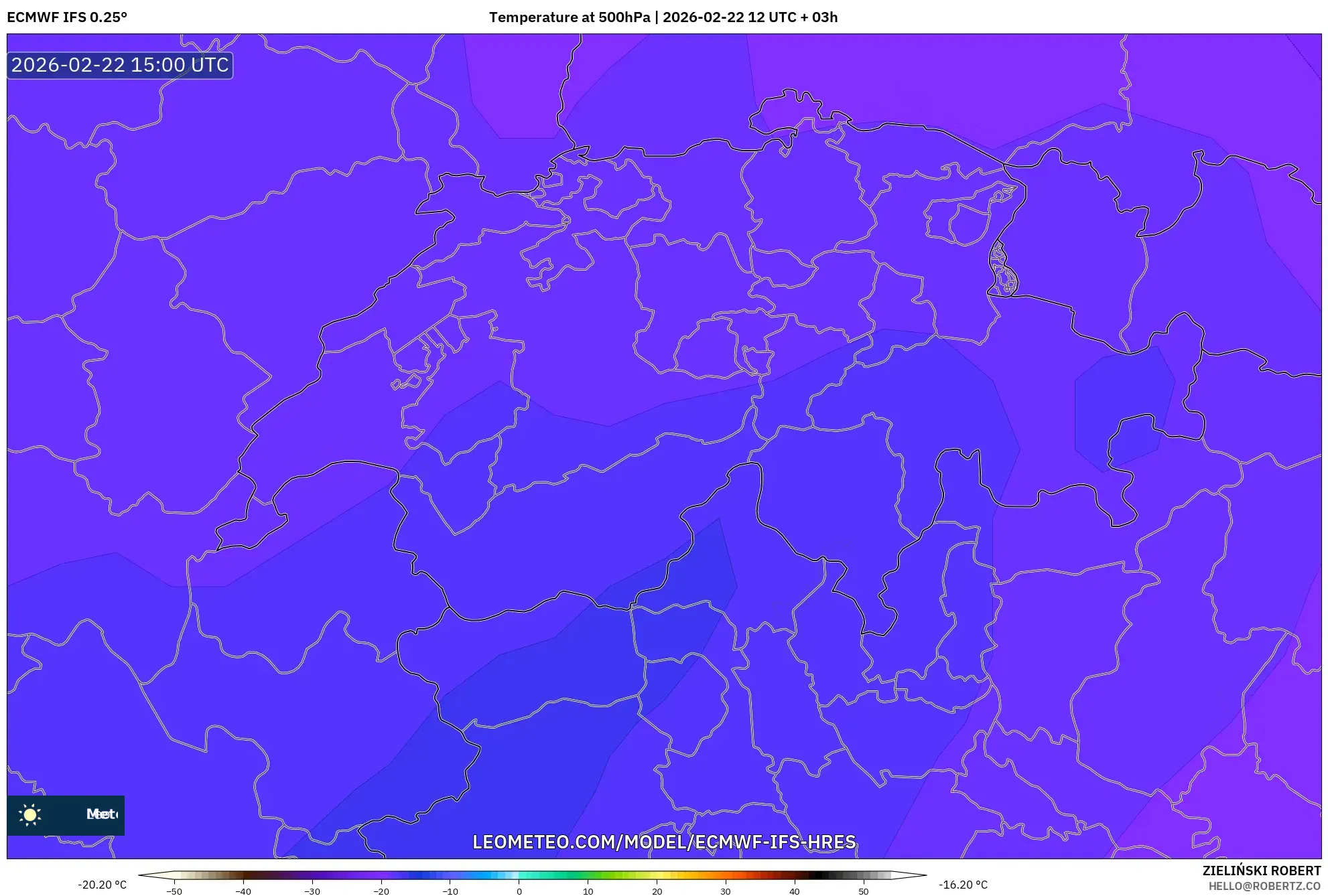 ECMWF IFS 0.25° model - سويسرا, درجة الحرارة 500 hPa