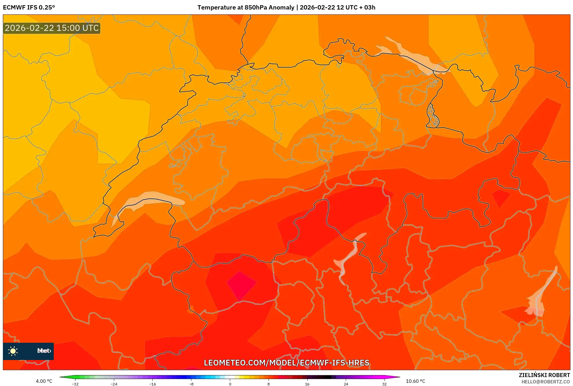 ECMWF IFS 0.25° model - سويسرا, انحراف درجة الحرارة 850 hPa