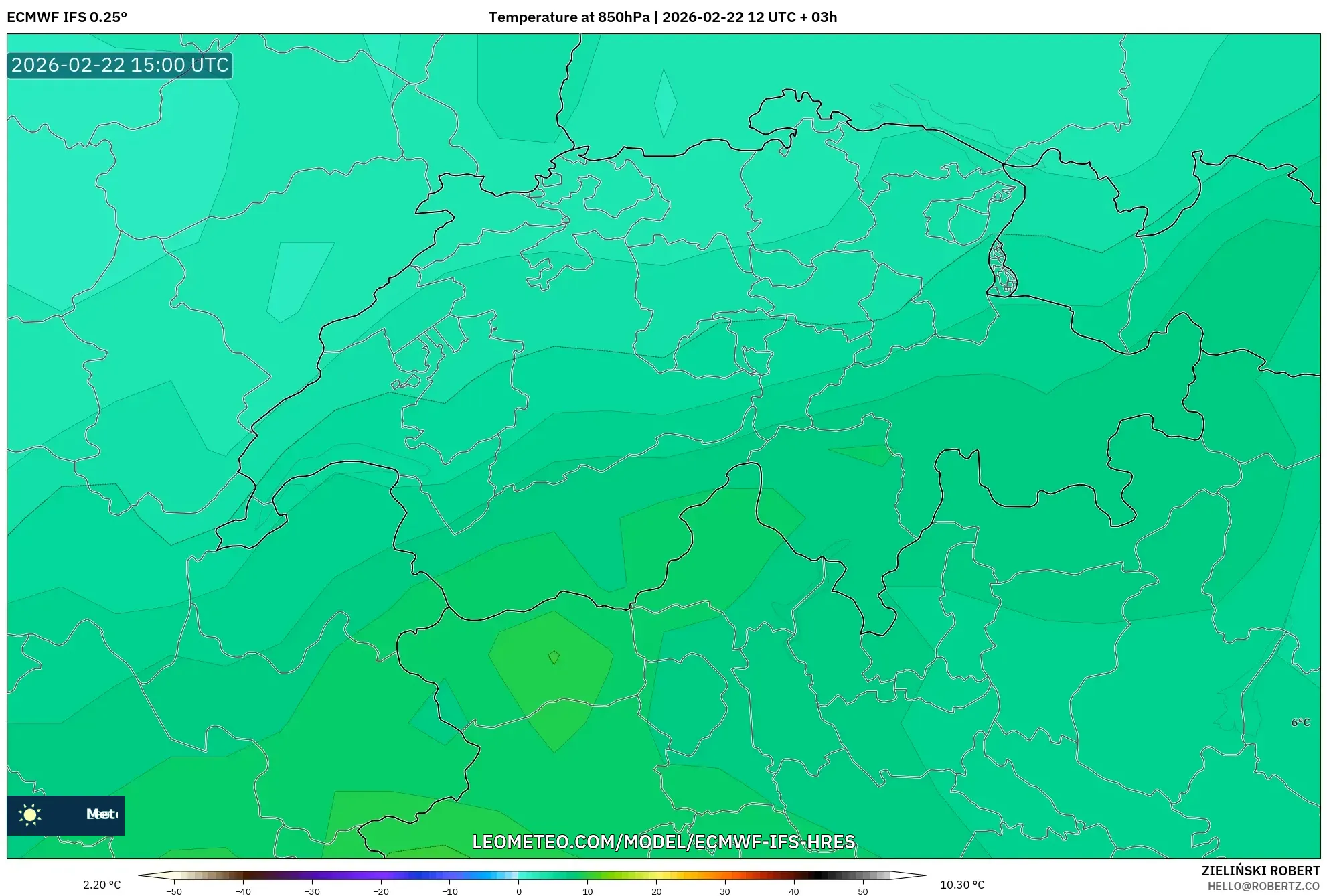 ECMWF IFS 0.25° model - سويسرا, درجة الحرارة 850 hPa