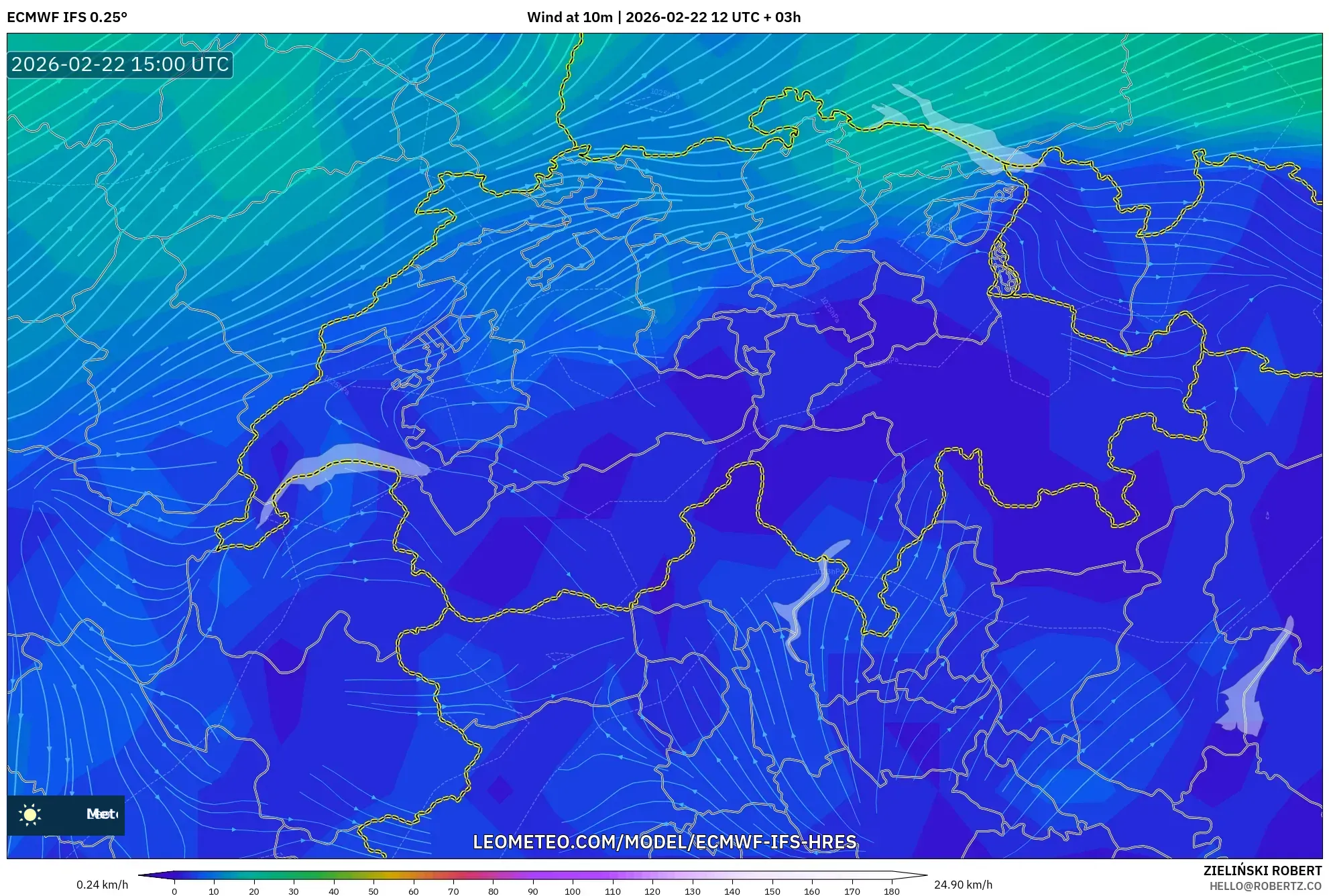 ECMWF IFS 0.25° model - سويسرا, رياح 10 م