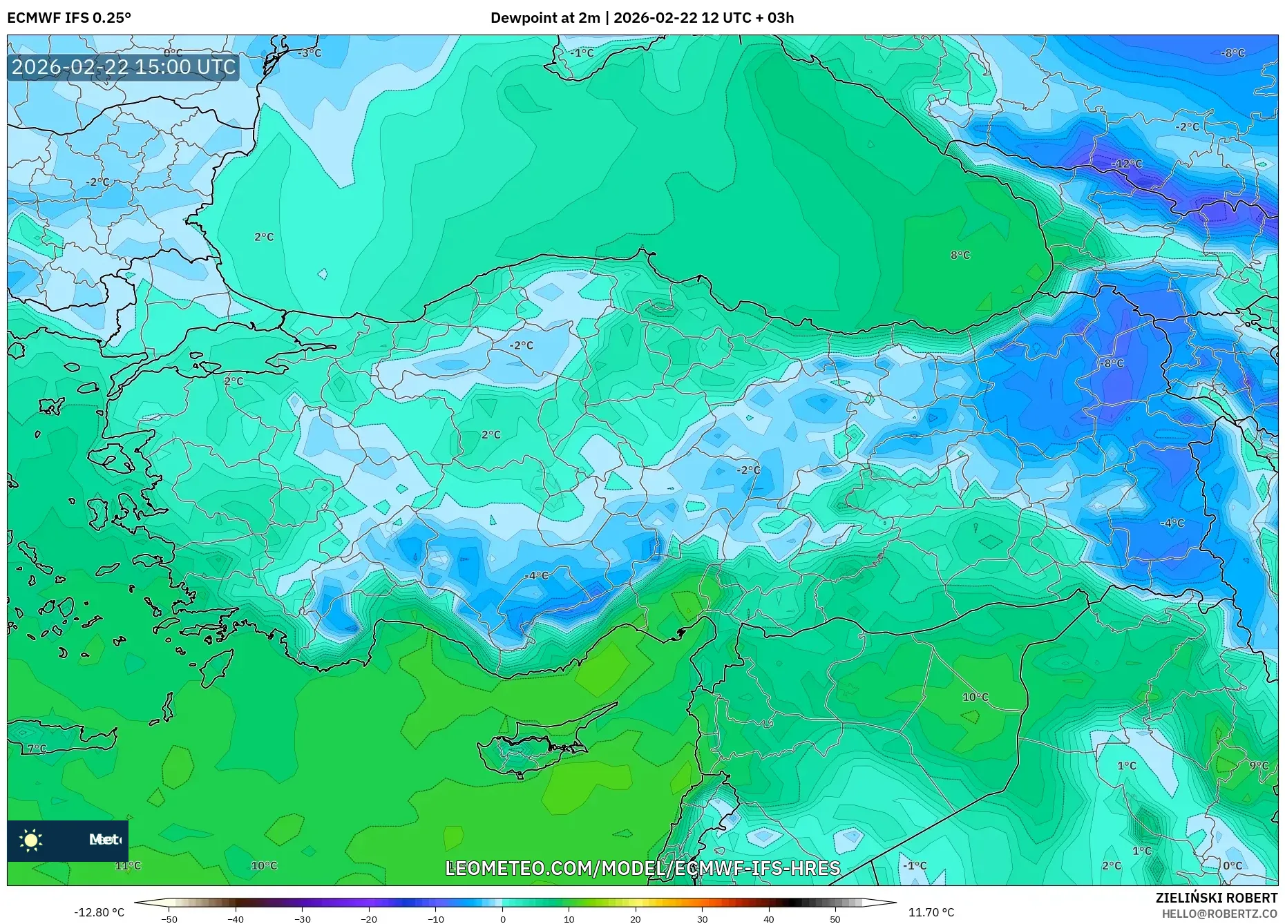 ECMWF IFS 0.25° model - تركيا, نقطة الندى 2 م