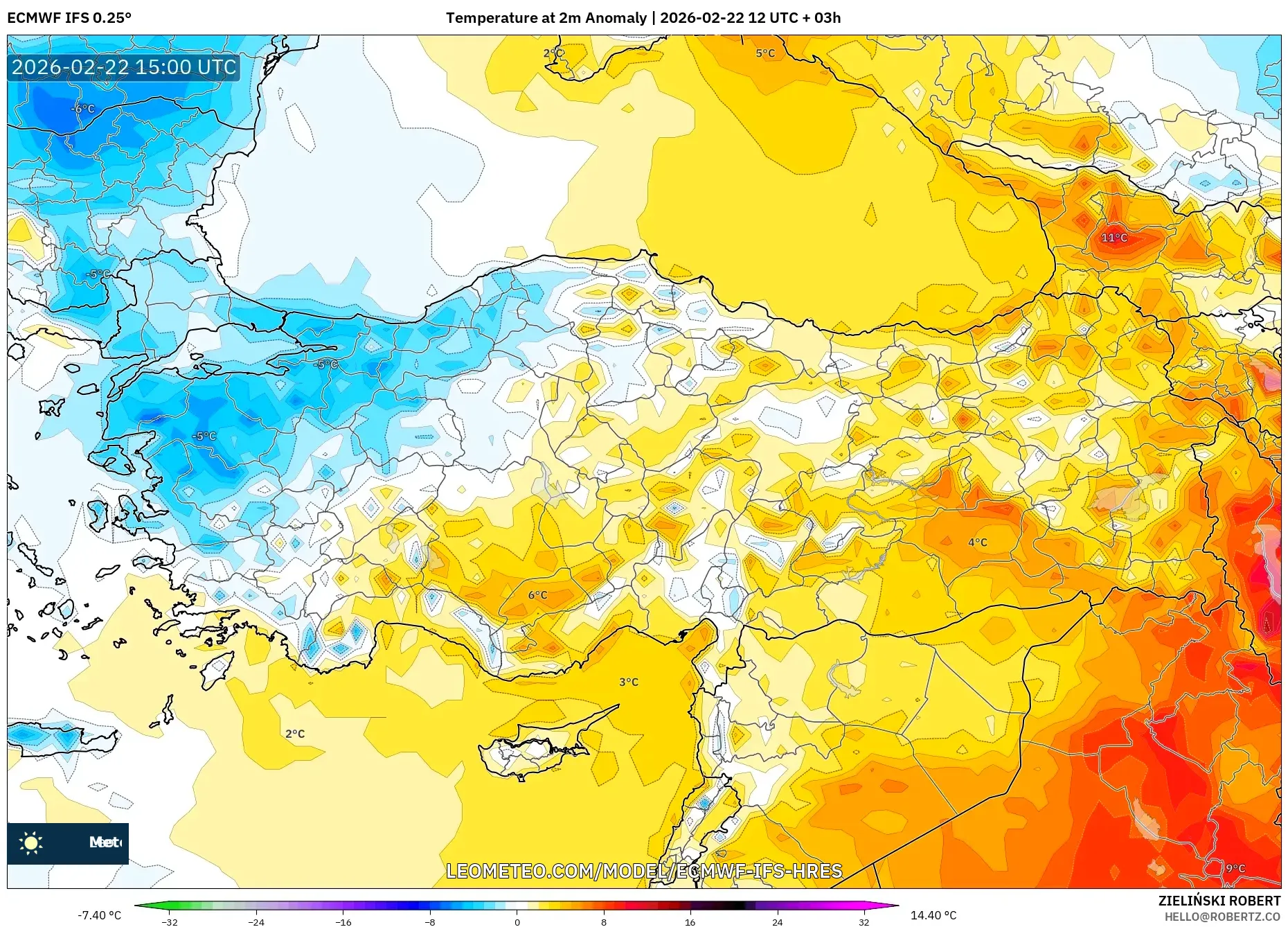 ECMWF IFS 0.25° model - تركيا, انحراف درجة الحرارة 2 م