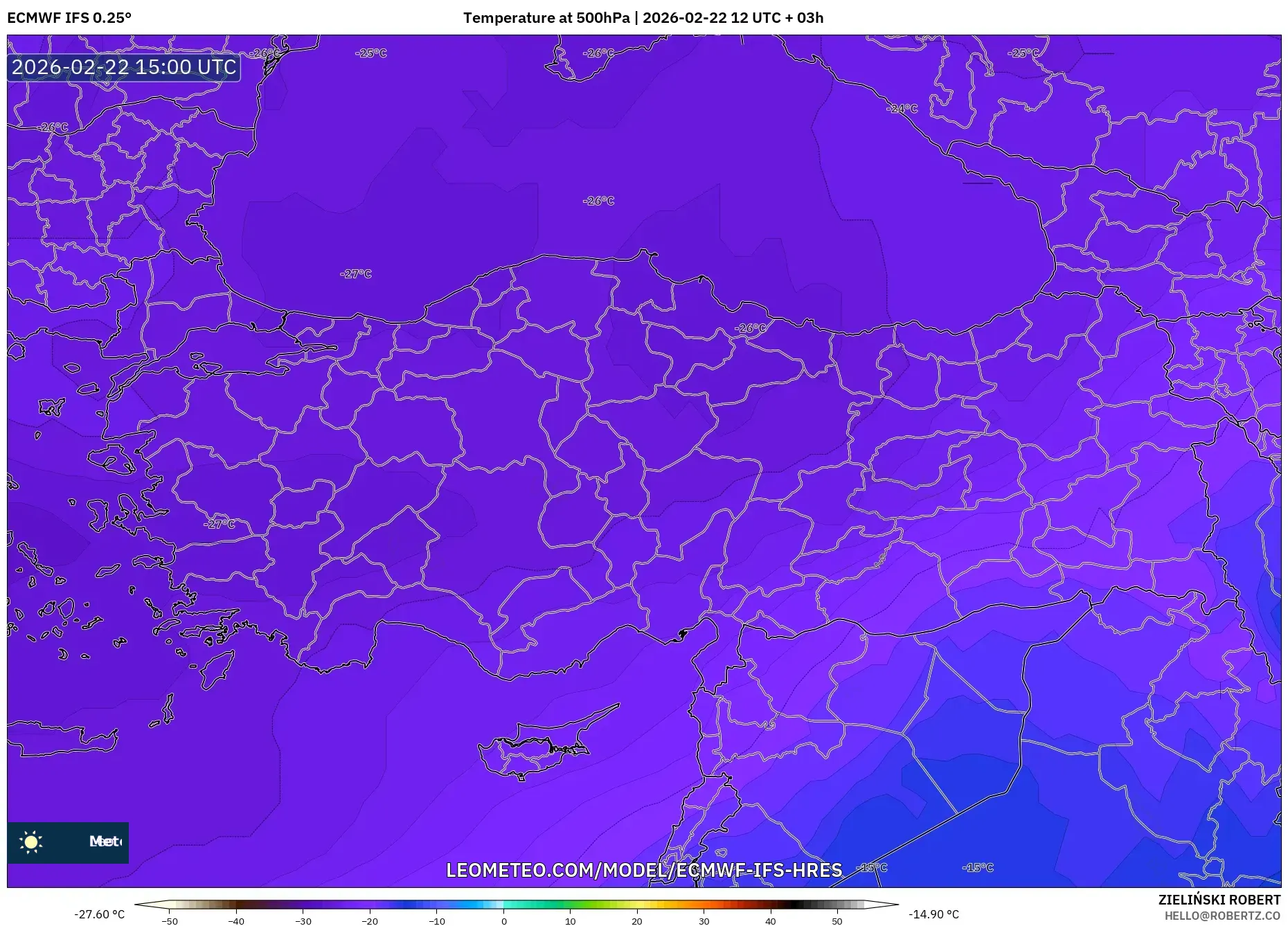 ECMWF IFS 0.25° model - تركيا, درجة الحرارة 500 hPa