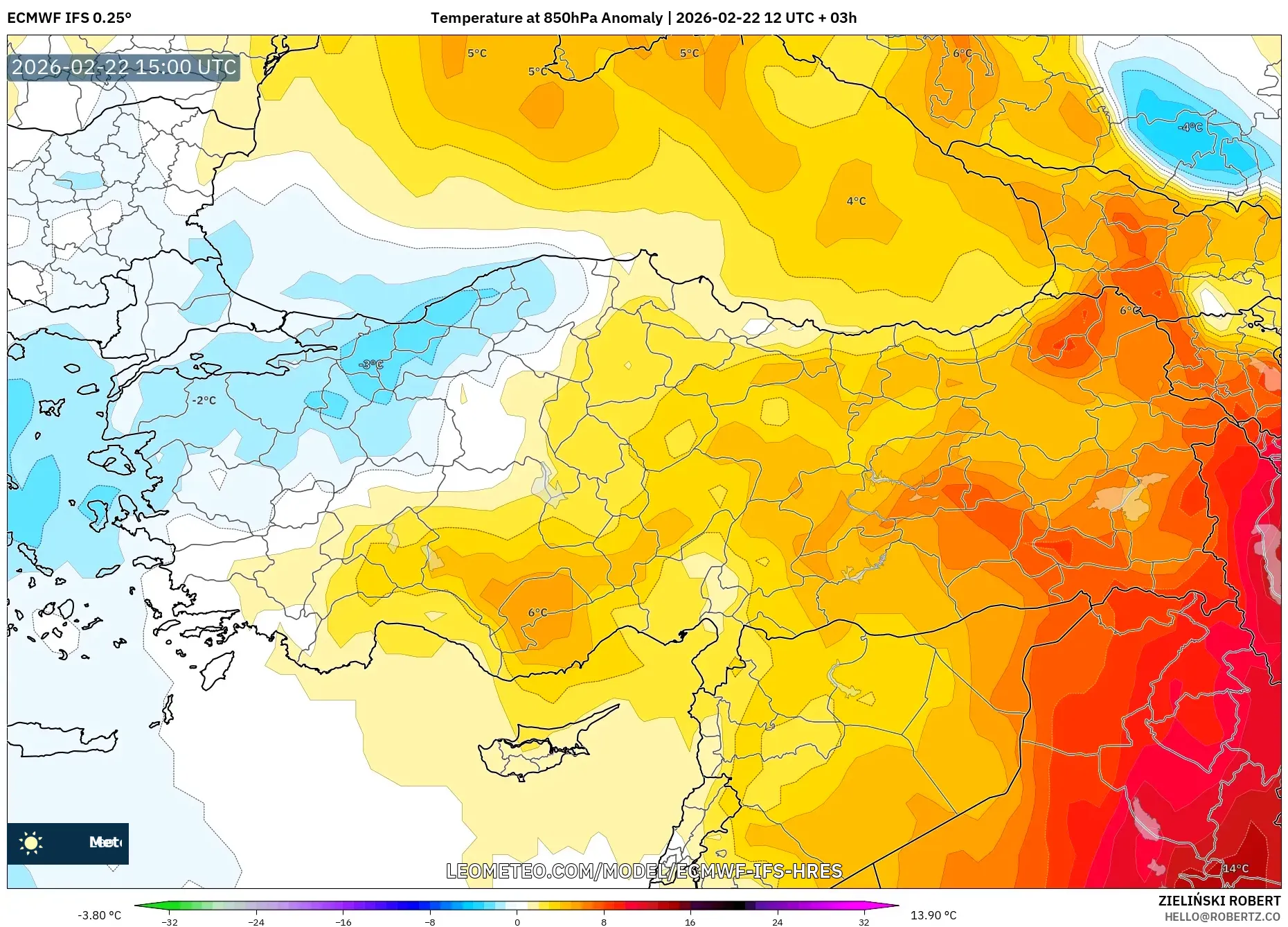 ECMWF IFS 0.25° model - تركيا, انحراف درجة الحرارة 850 hPa