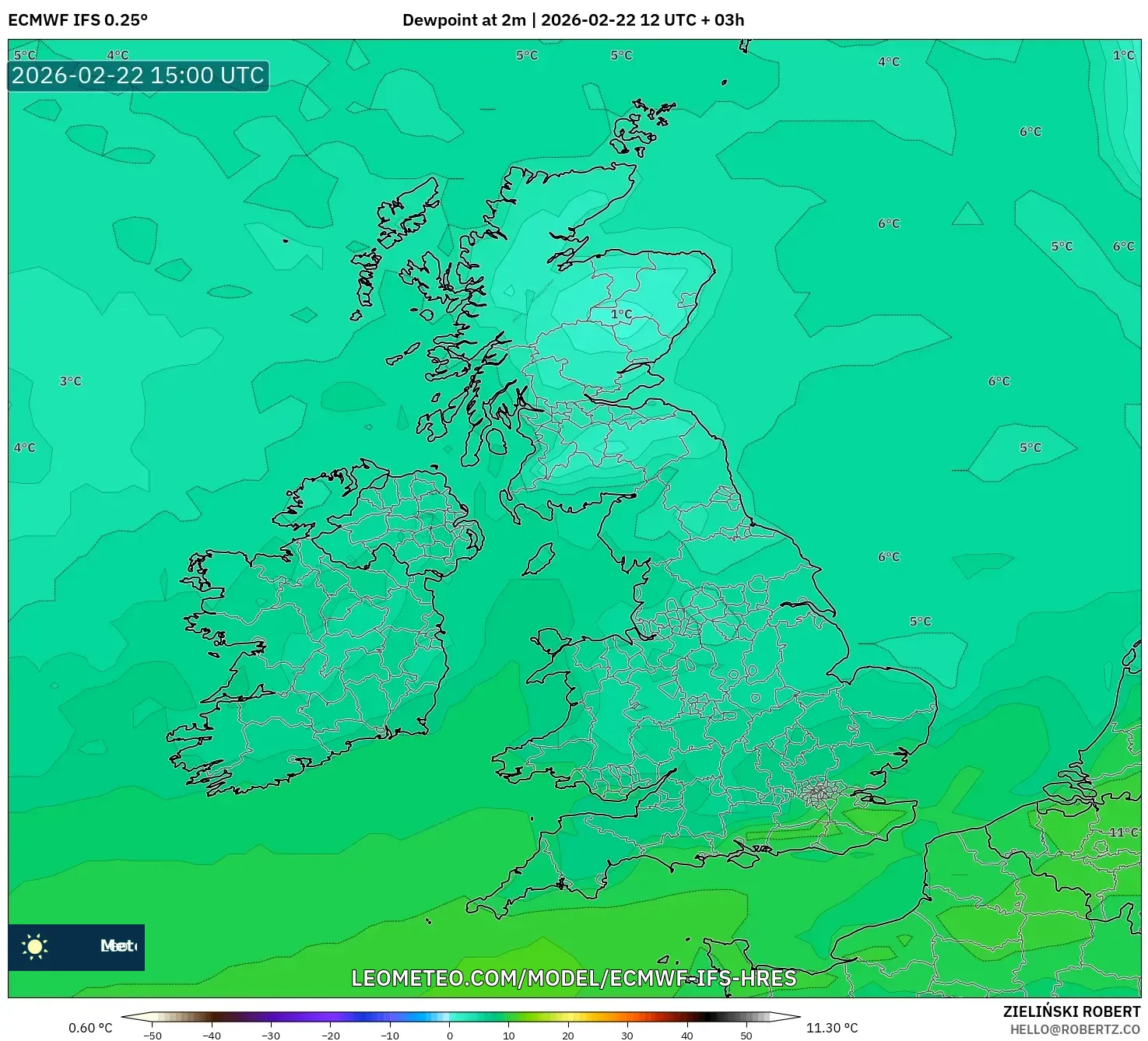 ECMWF IFS 0.25° model - المملكة المتحدة, نقطة الندى 2 م