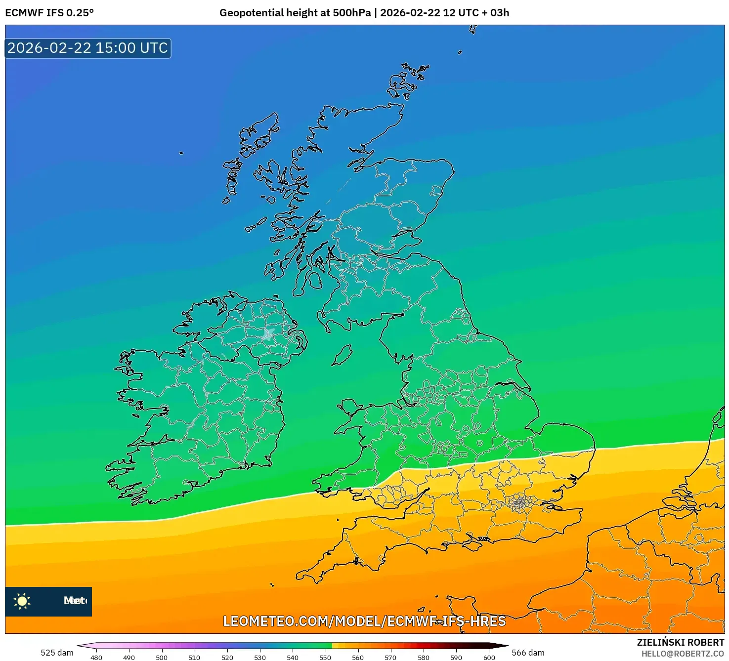 ECMWF IFS 0.25° model - المملكة المتحدة, الارتفاع الجهدي عند 500 هكتوباسكال