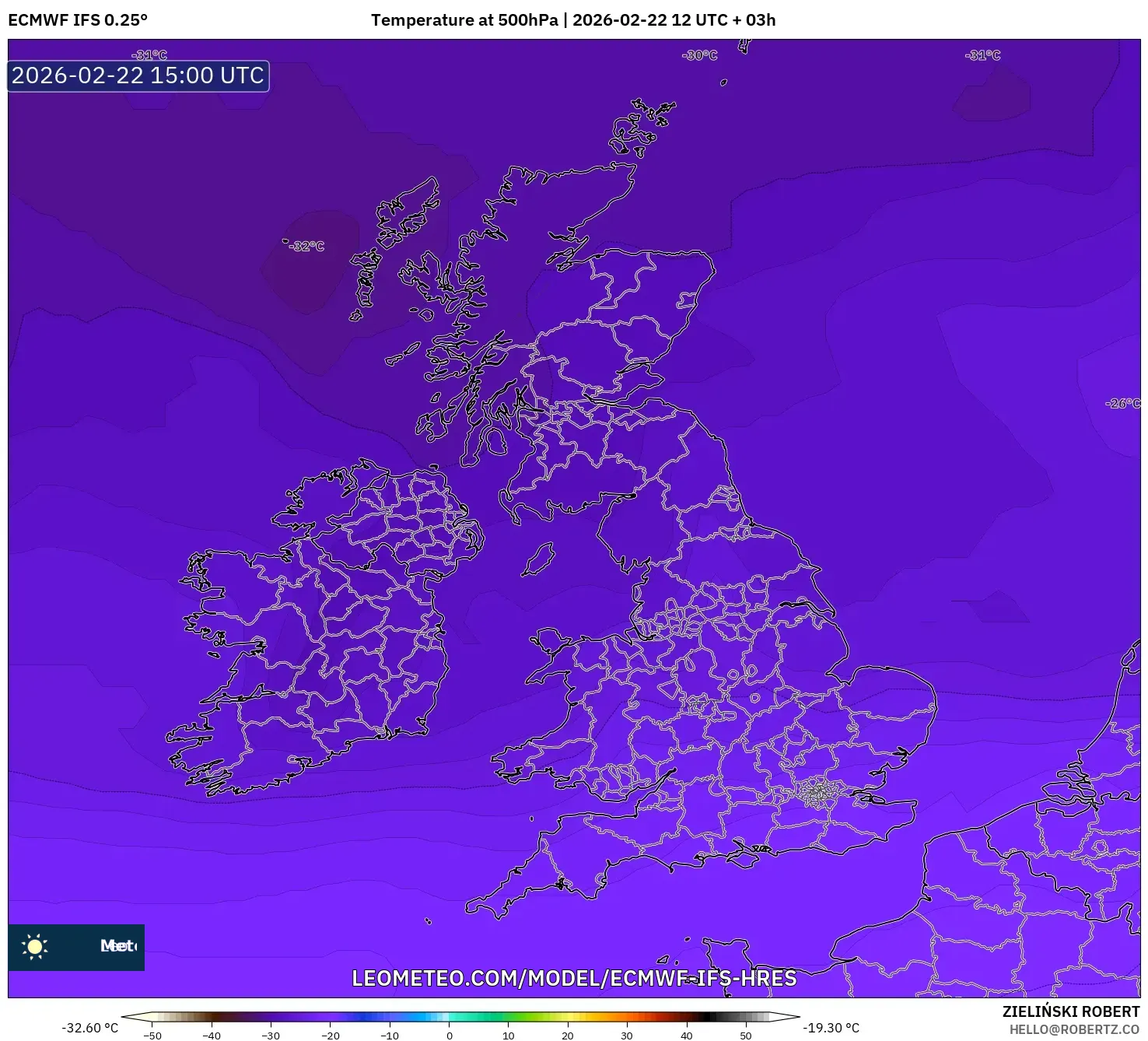 ECMWF IFS 0.25° model - المملكة المتحدة, درجة الحرارة 500 hPa