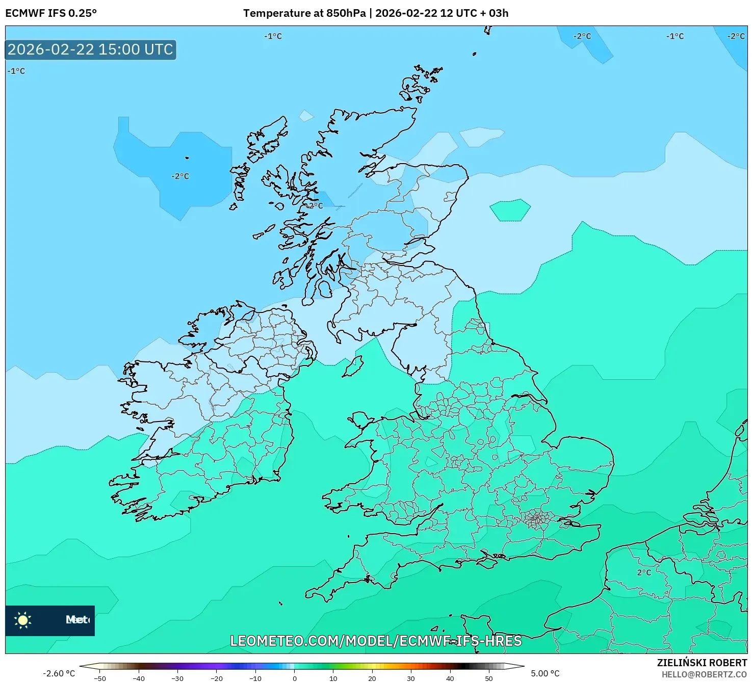 ECMWF IFS 0.25° model - المملكة المتحدة, درجة الحرارة 850 hPa