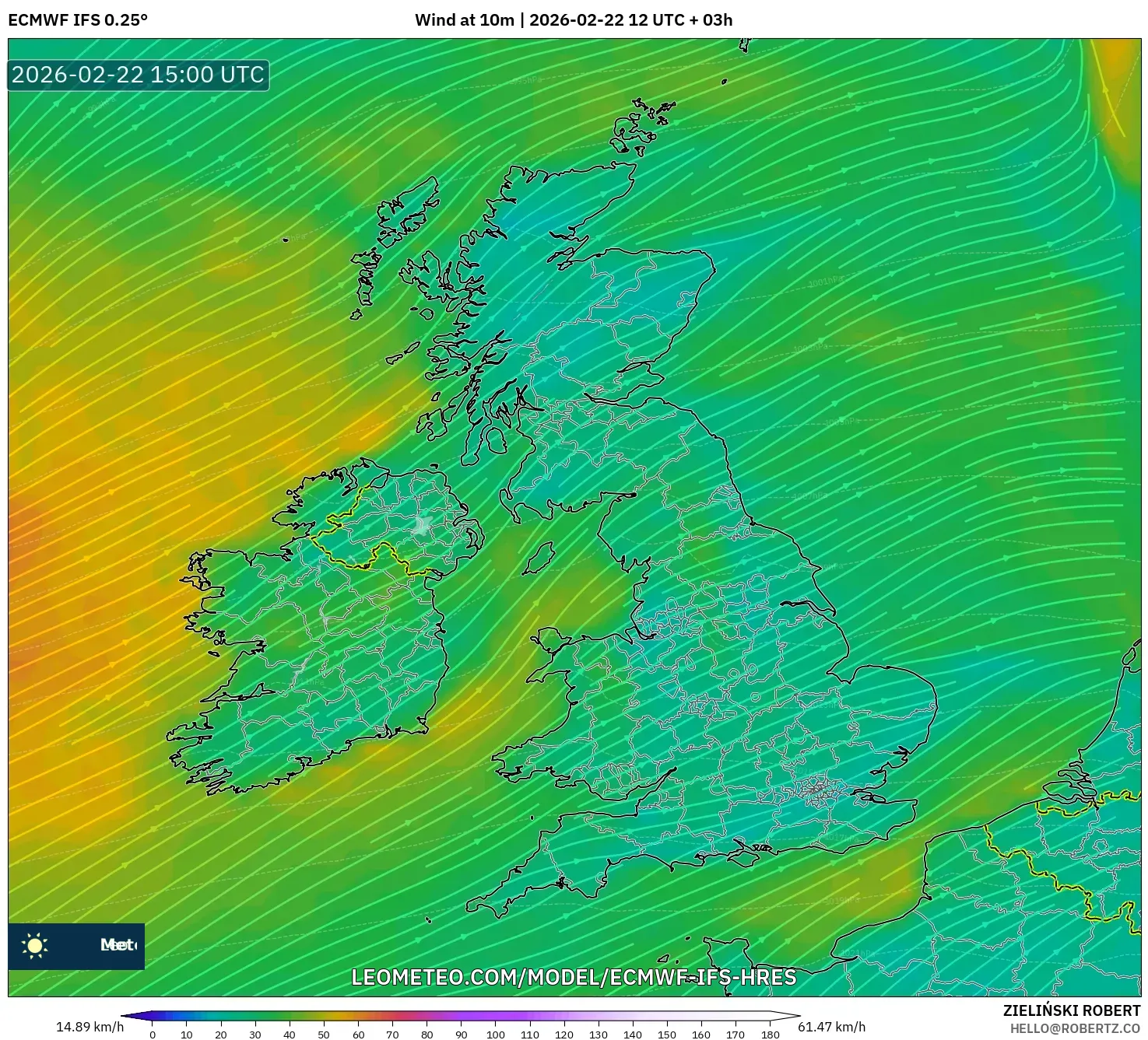 ECMWF IFS 0.25° model - المملكة المتحدة, رياح 10 م