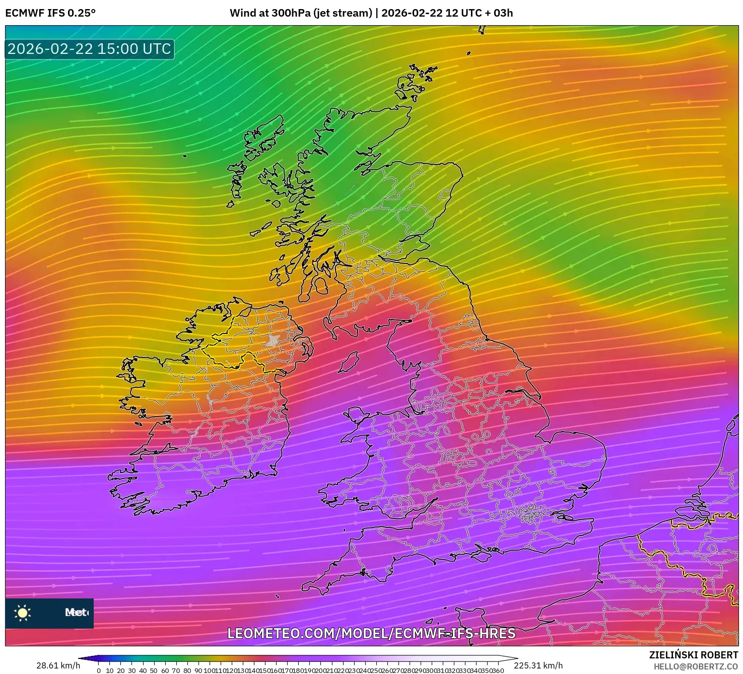 ECMWF IFS 0.25° model - المملكة المتحدة, رياح 300 hPa (تيار نفاث)