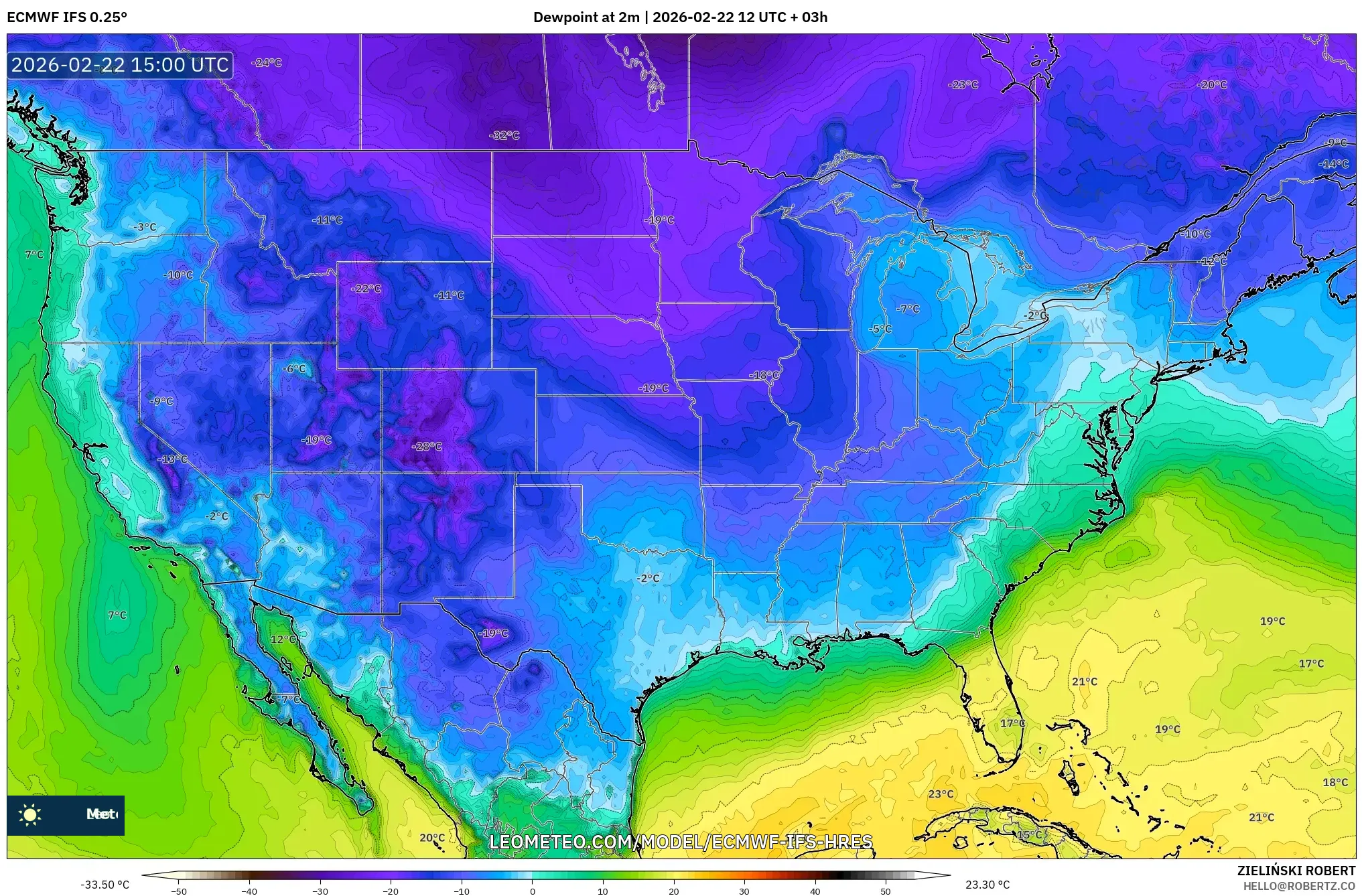 ECMWF IFS 0.25° model - الولايات المتحدة, نقطة الندى 2 م