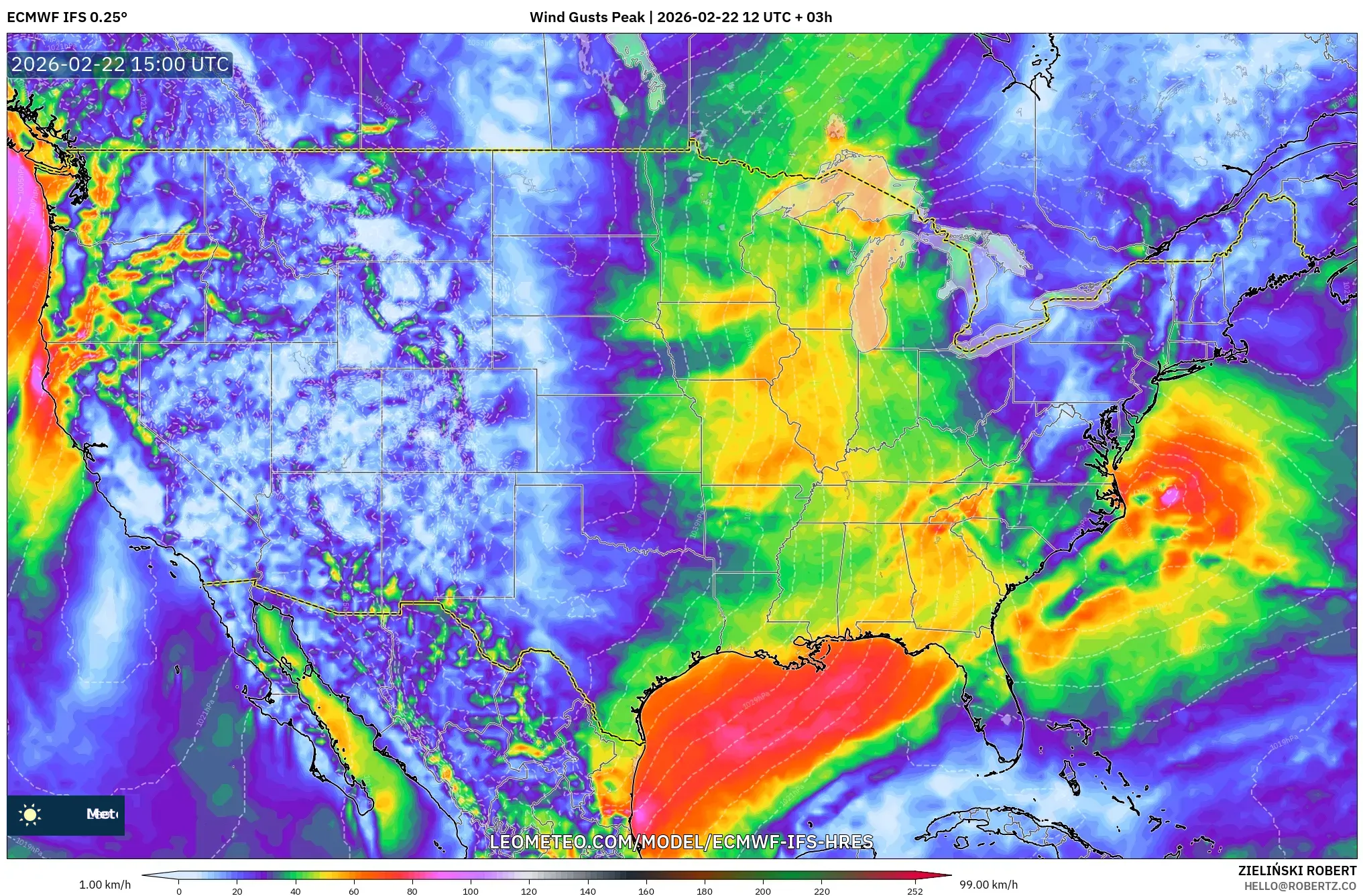 ECMWF IFS 0.25° model - الولايات المتحدة, أقصى هبة