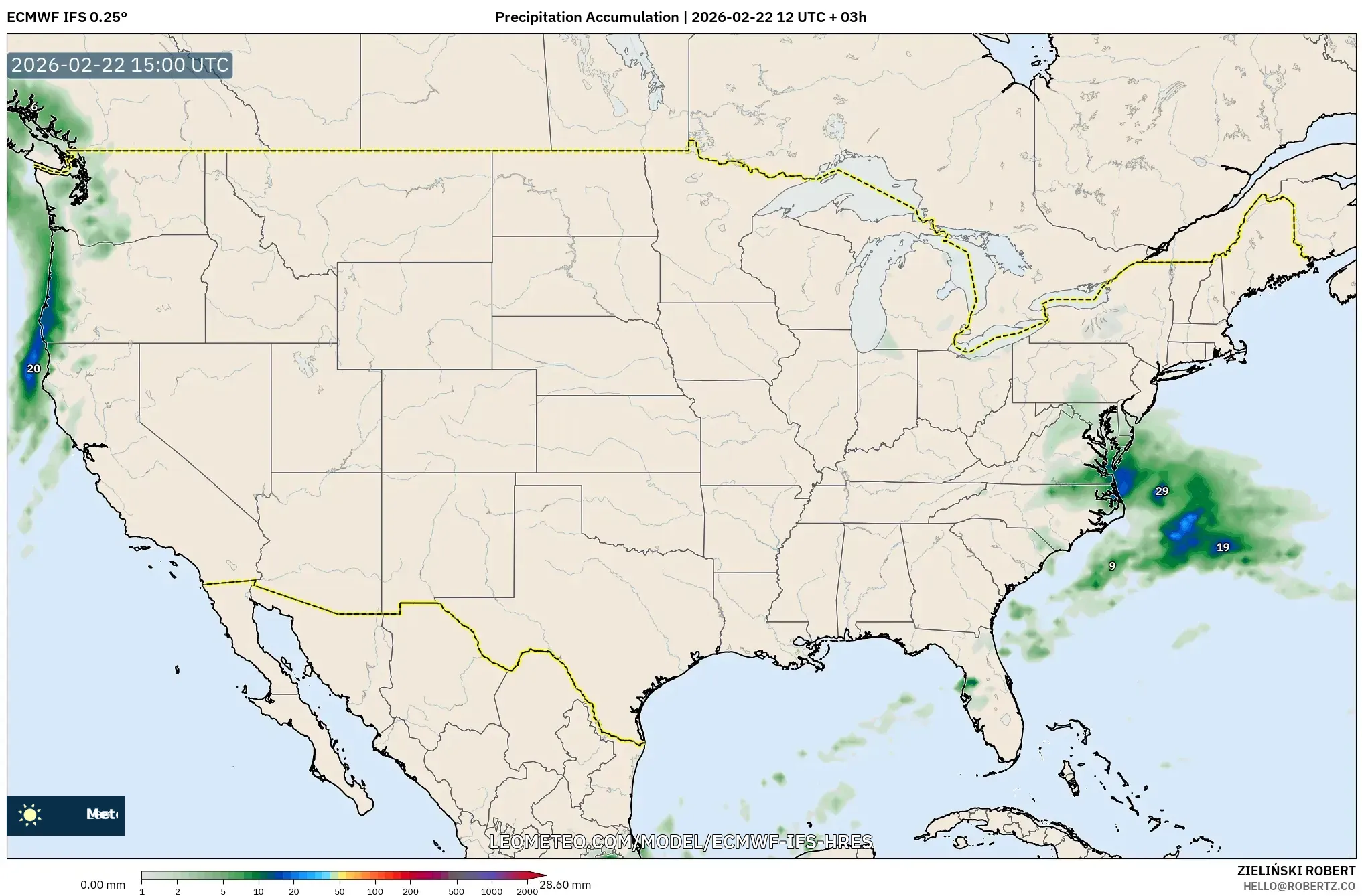 ECMWF IFS 0.25° model - الولايات المتحدة, تراكم الهطول