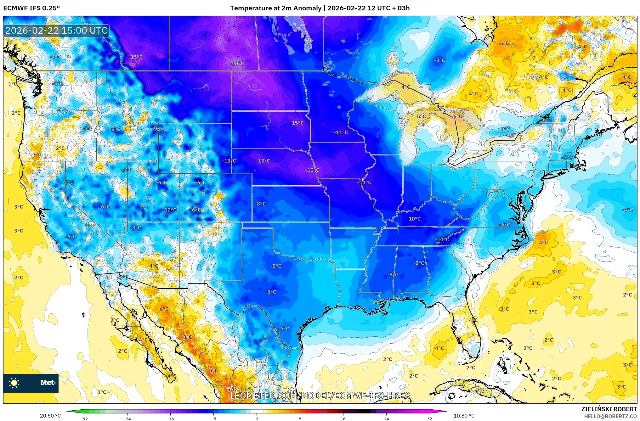 ECMWF IFS 0.25° model - الولايات المتحدة, انحراف درجة الحرارة 2 م