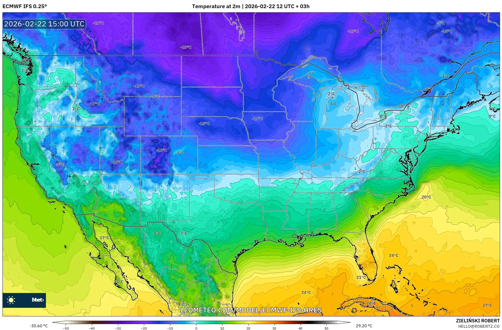 ECMWF IFS 0.25° model - الولايات المتحدة, درجة الحرارة على ارتفاع 2 م