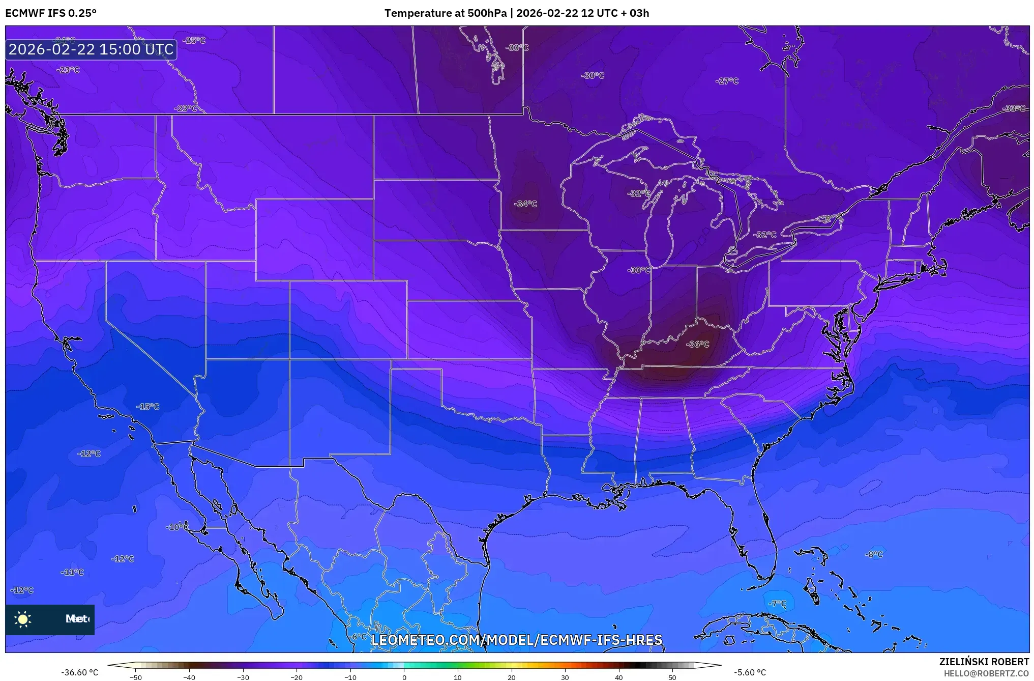 ECMWF IFS 0.25° model - الولايات المتحدة, درجة الحرارة 500 hPa
