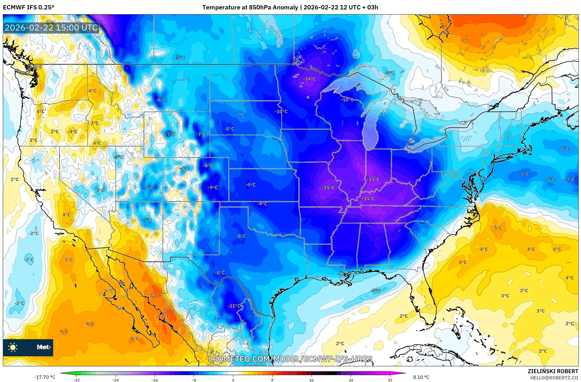 ECMWF IFS 0.25° model - الولايات المتحدة, انحراف درجة الحرارة 850 hPa