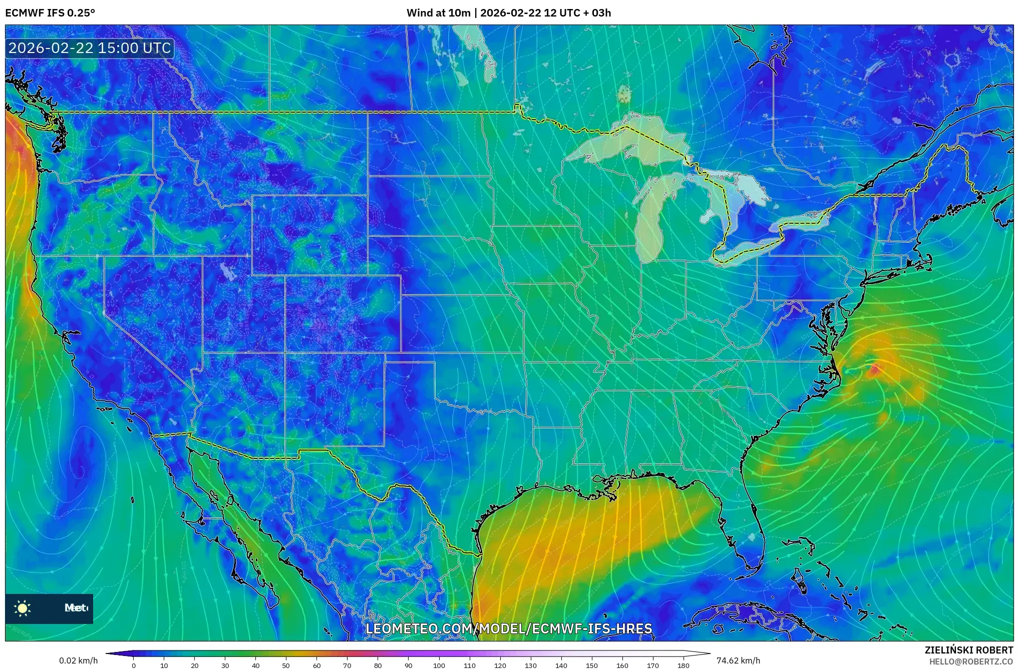 ECMWF IFS 0.25° model - الولايات المتحدة, رياح 10 م