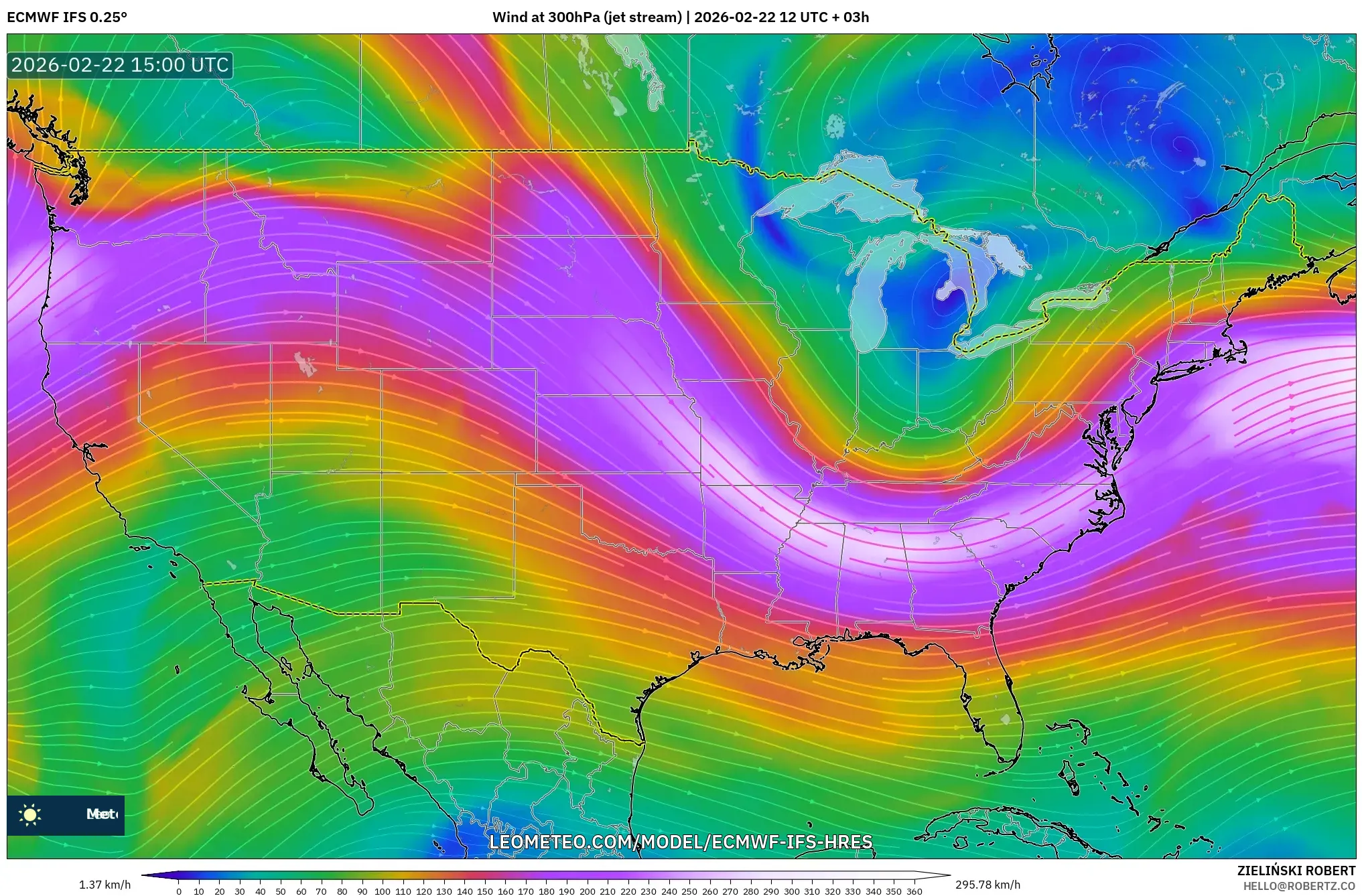 ECMWF IFS 0.25° model - الولايات المتحدة, رياح 300 hPa (تيار نفاث)
