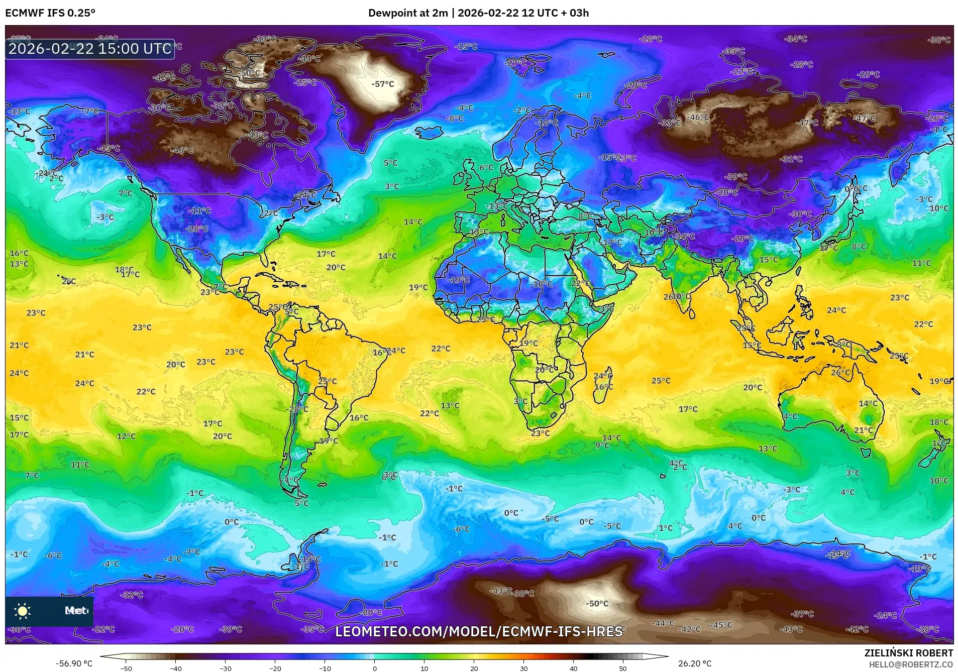 ECMWF IFS 0.25° model - العالم, نقطة الندى 2 م