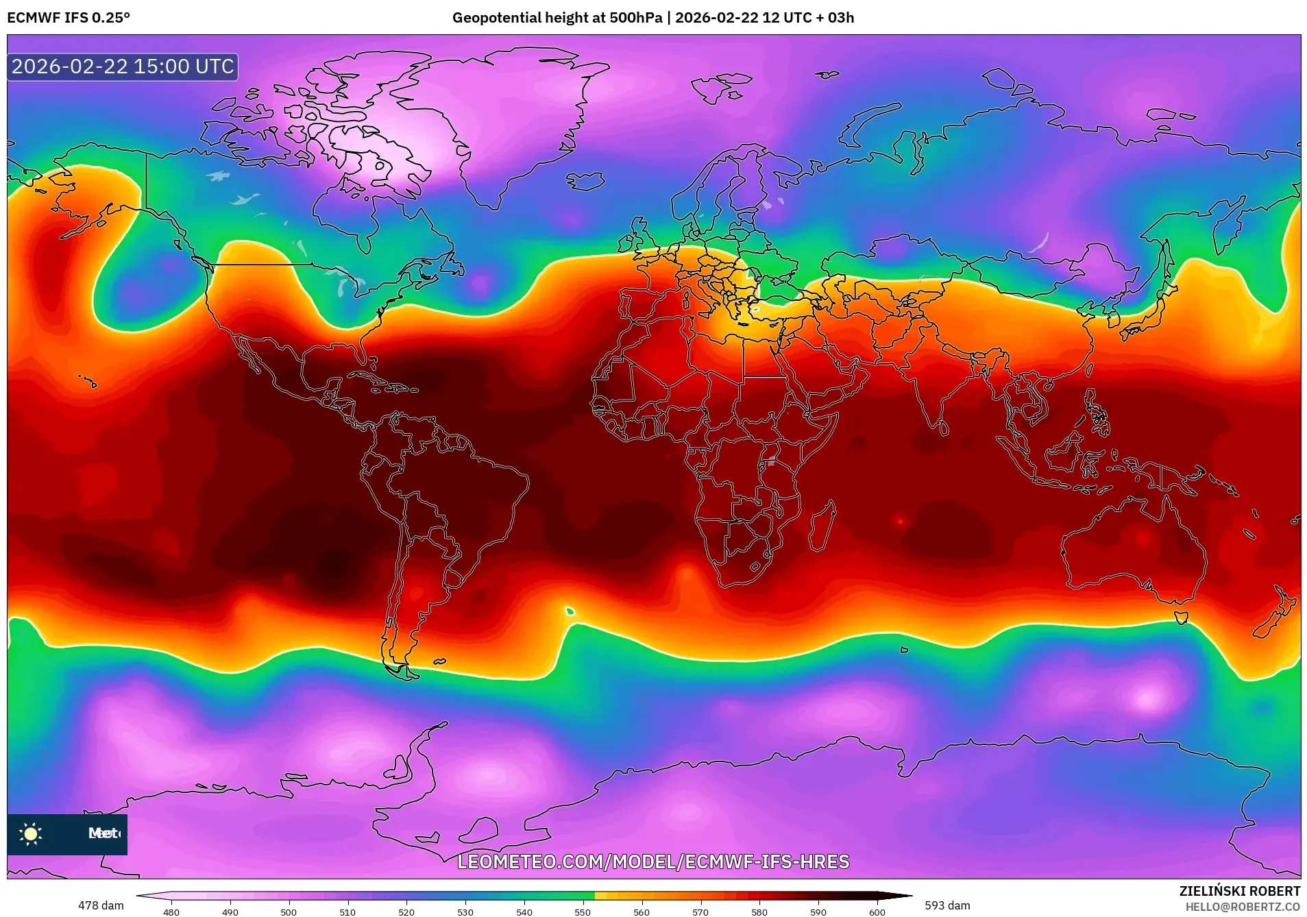 ECMWF IFS 0.25° model - العالم, الارتفاع الجهدي عند 500 هكتوباسكال