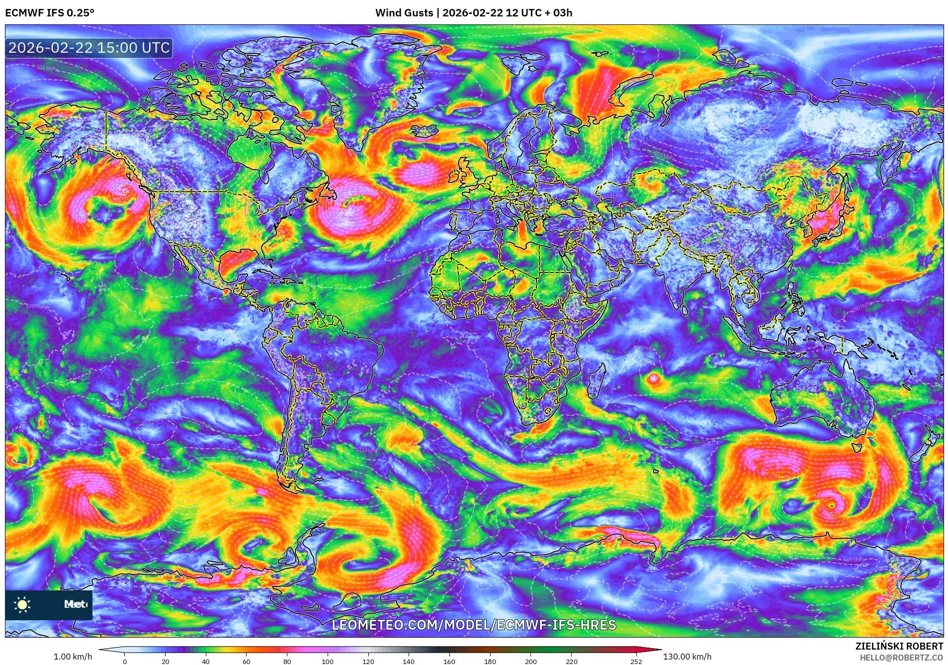 ECMWF IFS 0.25° model - العالم, هبات الرياح