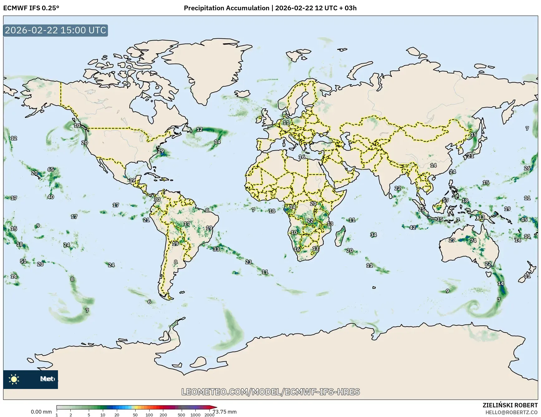 ECMWF IFS 0.25° model - العالم, تراكم الهطول