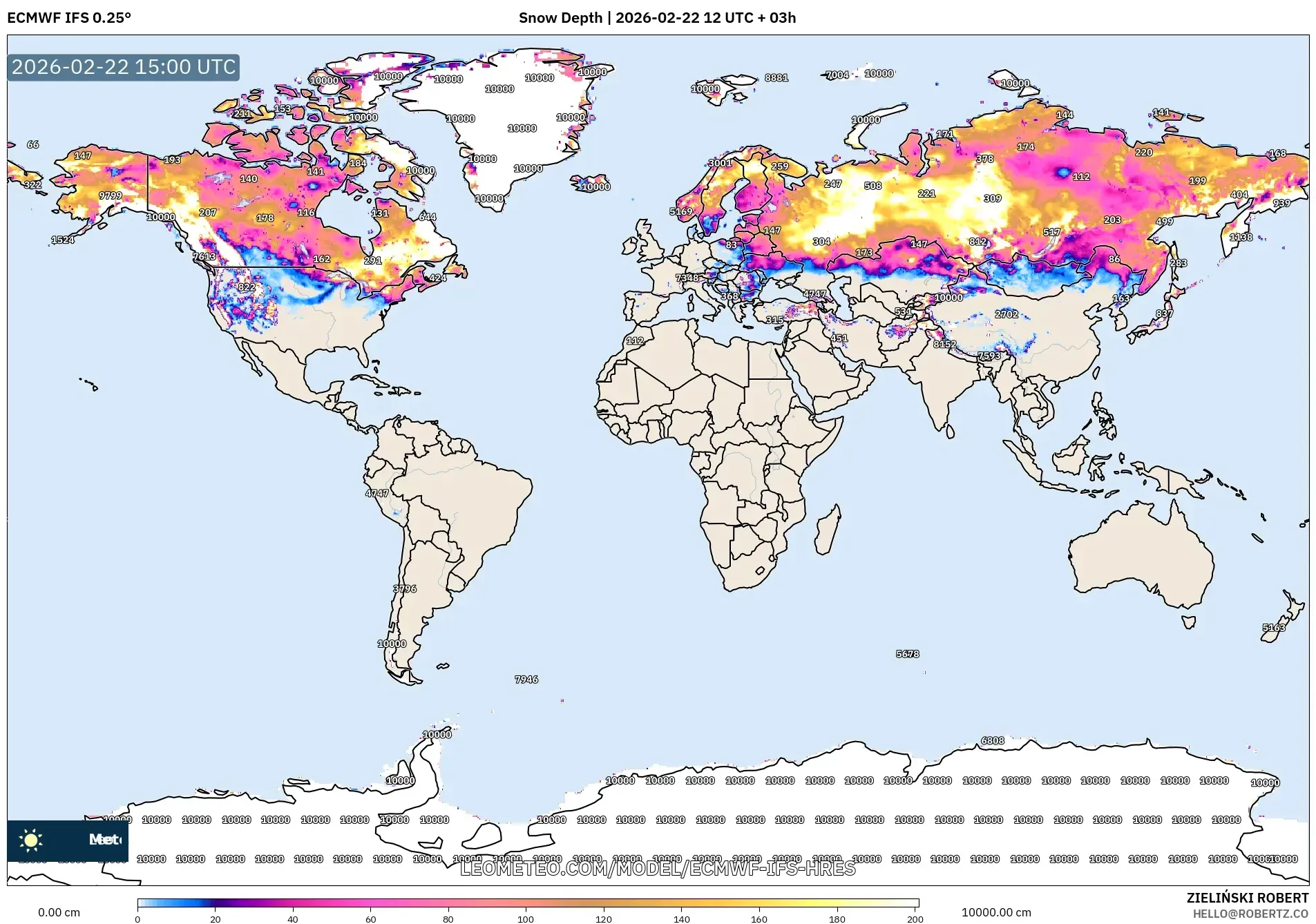 ECMWF IFS 0.25° model - العالم, عمق الثلج