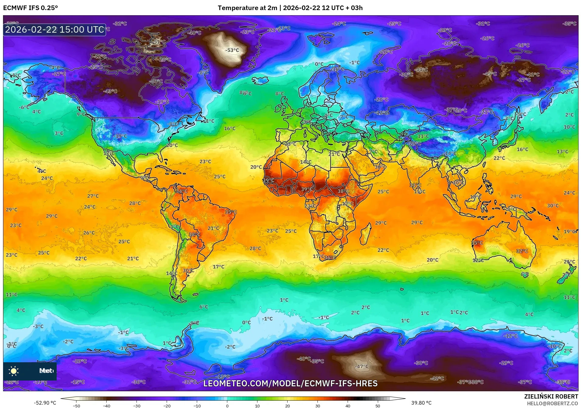 ECMWF IFS 0.25° model - العالم, درجة الحرارة على ارتفاع 2 م