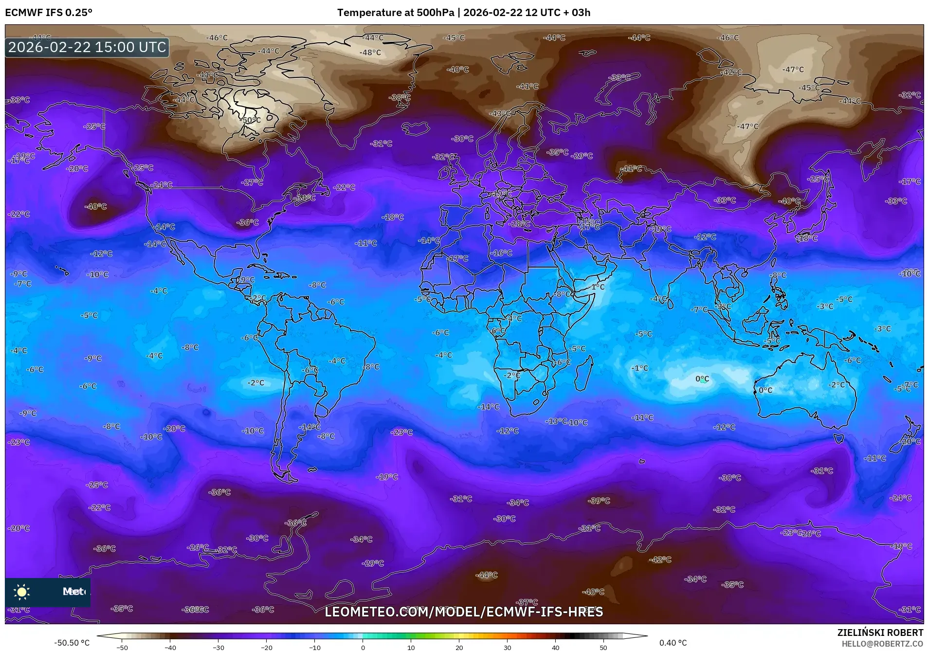 ECMWF IFS 0.25° model - العالم, درجة الحرارة 500 hPa