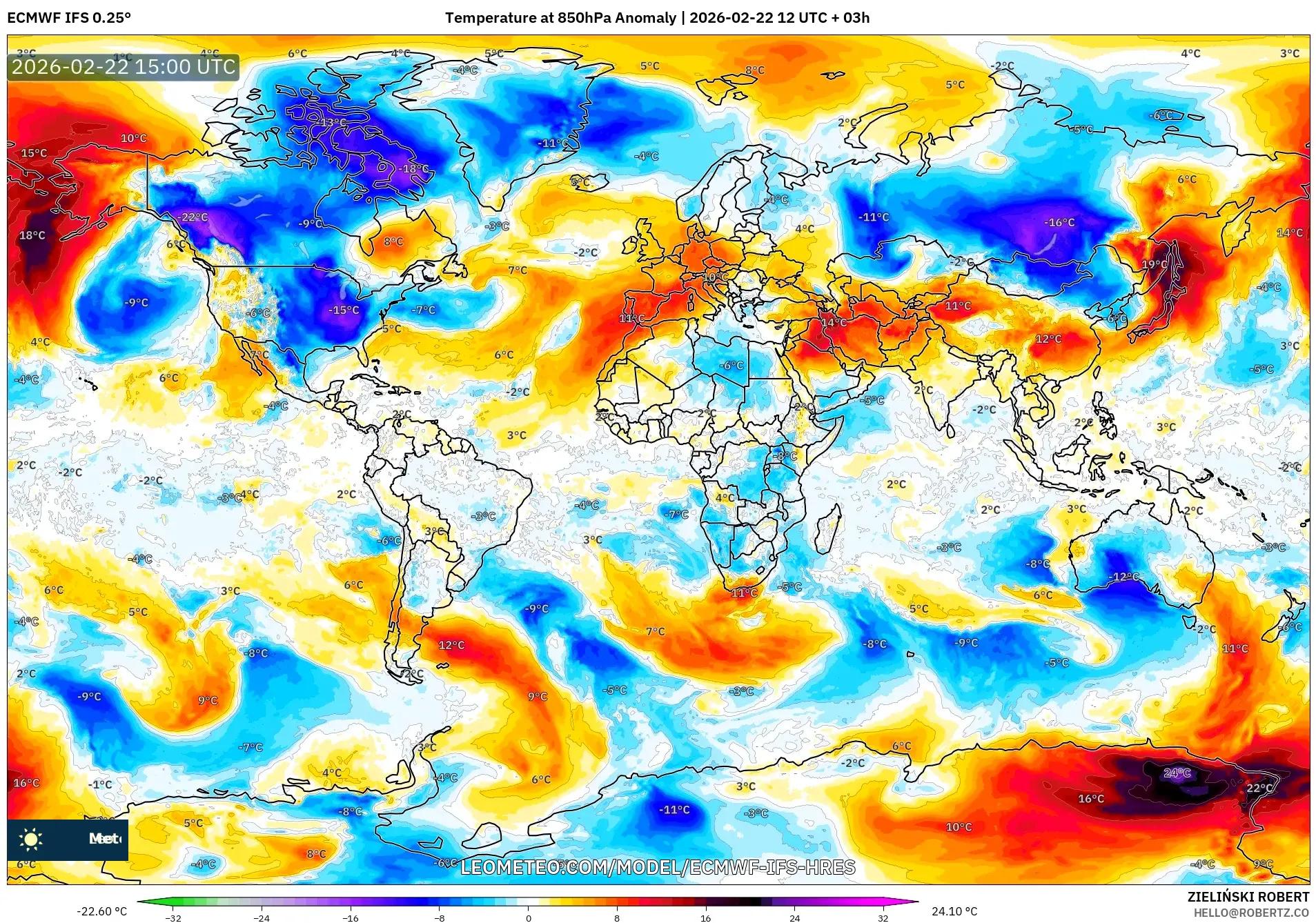 ECMWF IFS 0.25° model - العالم, انحراف درجة الحرارة 850 hPa