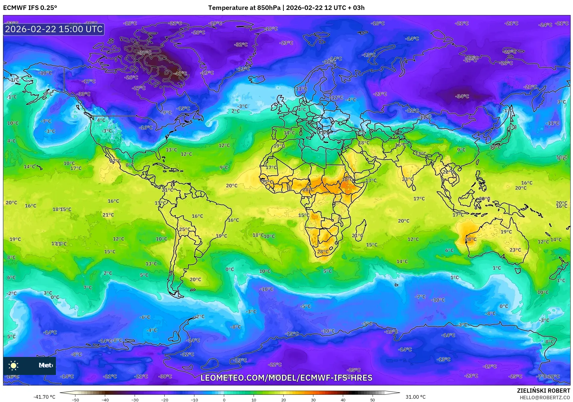 ECMWF IFS 0.25° model - العالم, درجة الحرارة 850 hPa