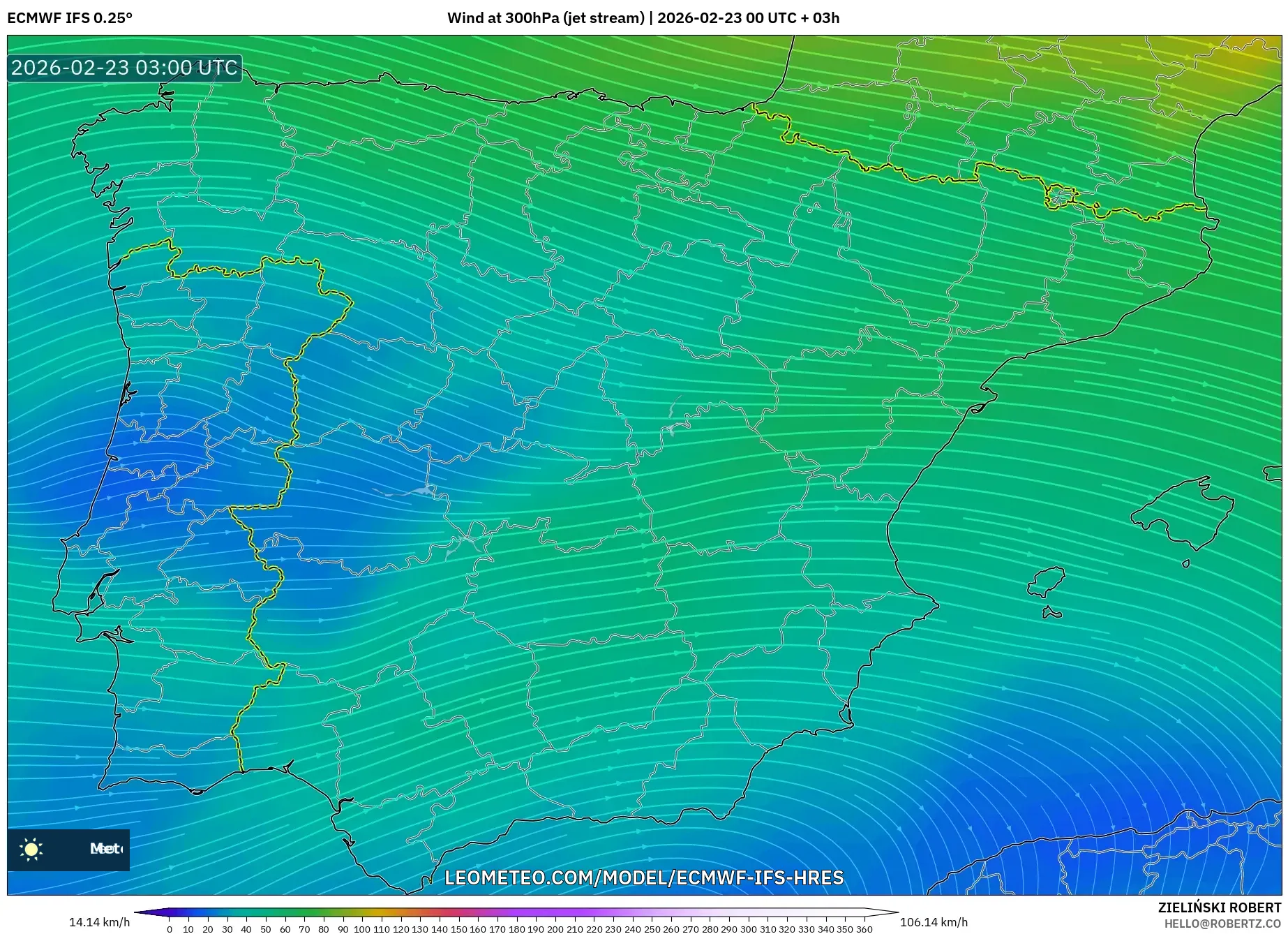 ECMWF IFS 0.25° model - Spain, Wind at 300hPa (jet stream)