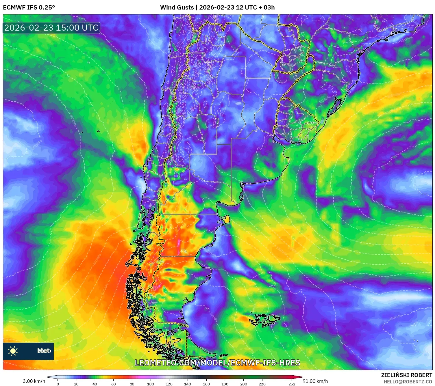 ECMWF IFS 0.25° model - Argentina, Wind Gusts