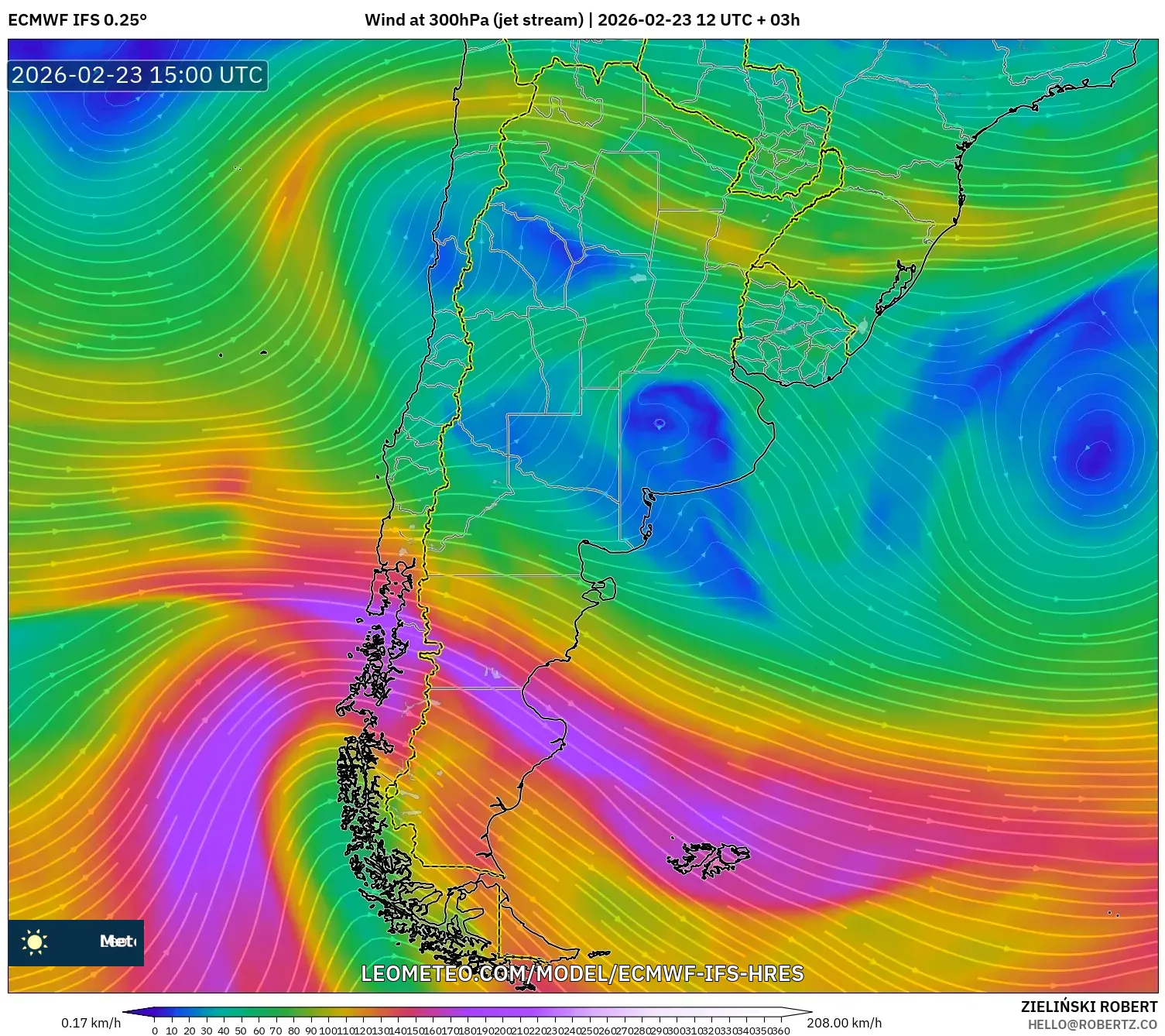 ECMWF IFS 0.25° model - Argentina, Wind at 300hPa (jet stream)