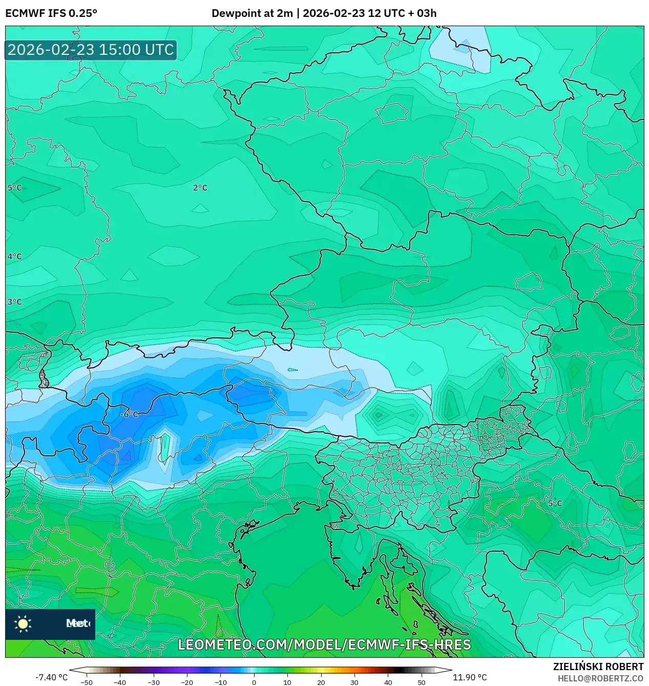 ECMWF IFS 0.25° model - Austria, Dewpoint at 2m