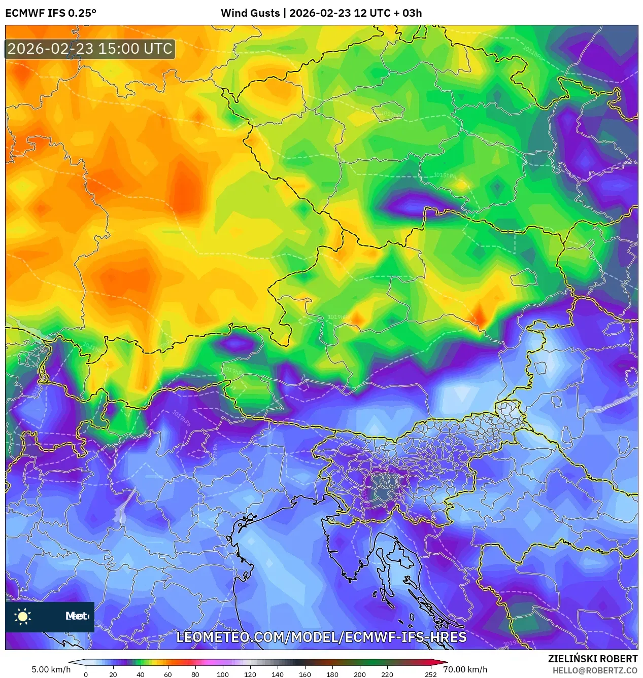 ECMWF IFS 0.25° model - Austria, Wind Gusts