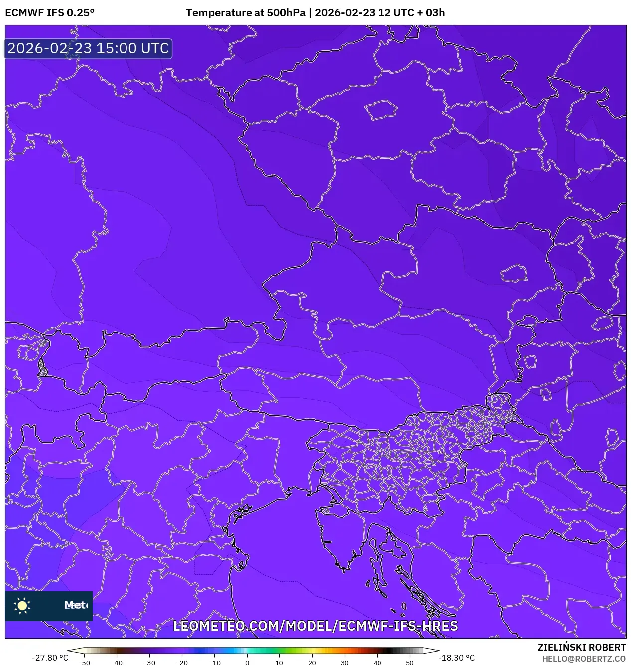 ECMWF IFS 0.25° model - Austria, Temperature at 500hPa
