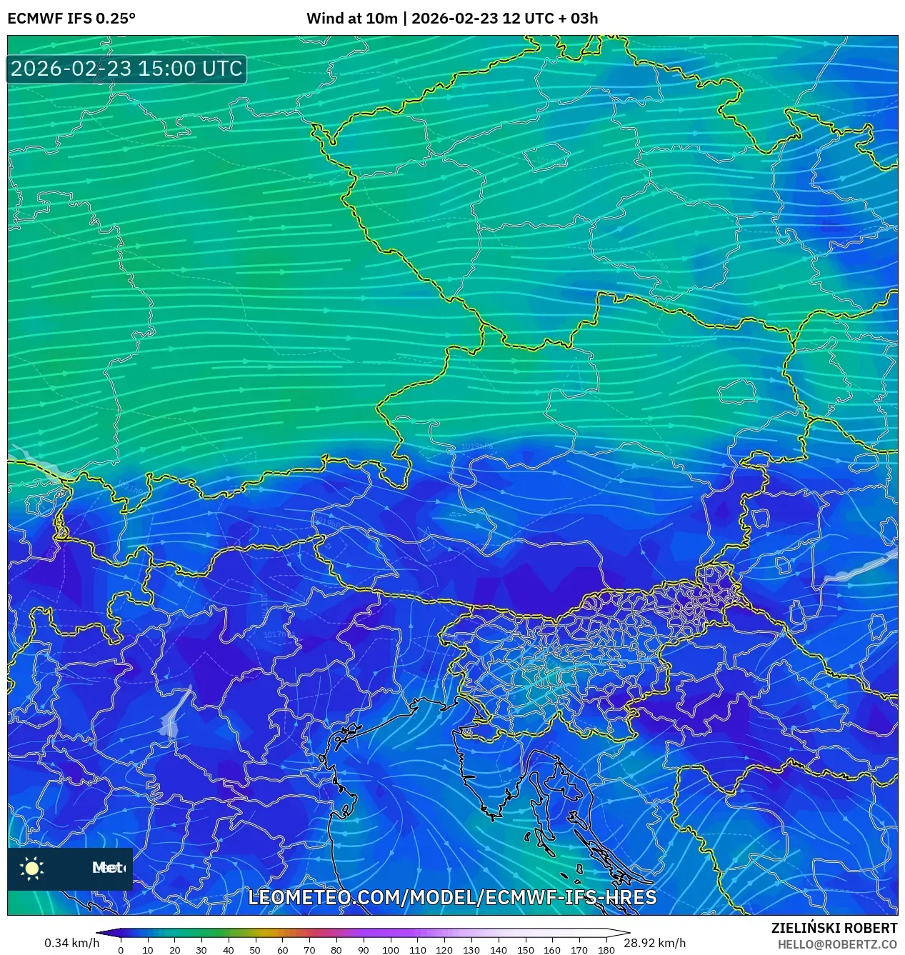 ECMWF IFS 0.25° model - Austria, Wind at 10m