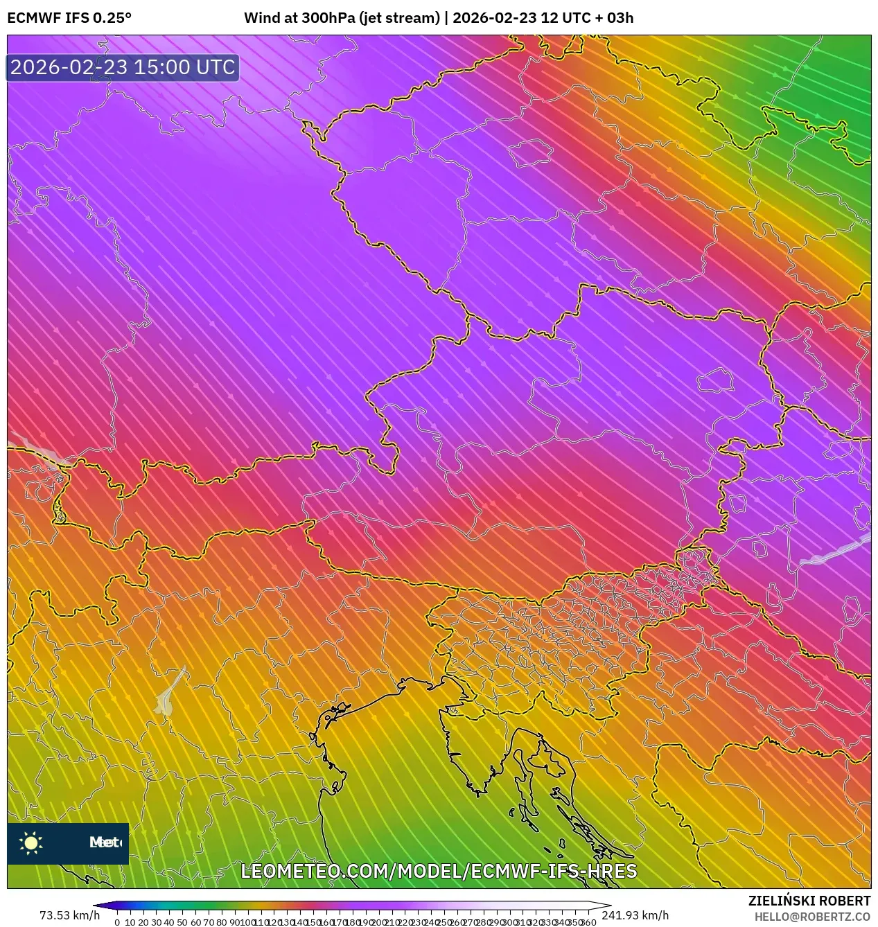 ECMWF IFS 0.25° model - Austria, Wind at 300hPa (jet stream)
