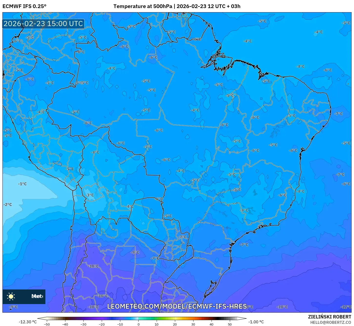 ECMWF IFS 0.25° model - Brazil, Temperature at 500hPa