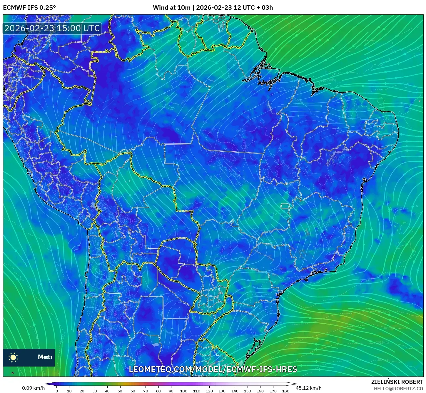 ECMWF IFS 0.25° model - Brazil, Wind at 10m