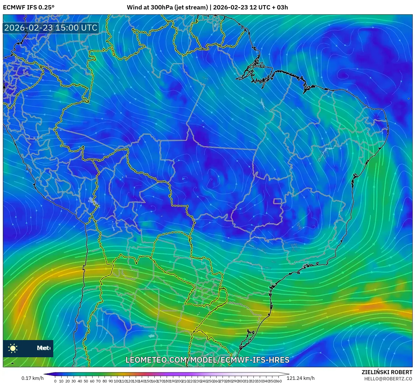 ECMWF IFS 0.25° model - Brazil, Wind at 300hPa (jet stream)