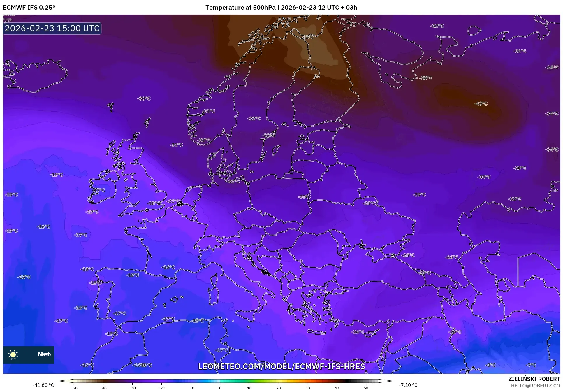 ECMWF IFS 0.25° model - Europe, Temperature at 500hPa