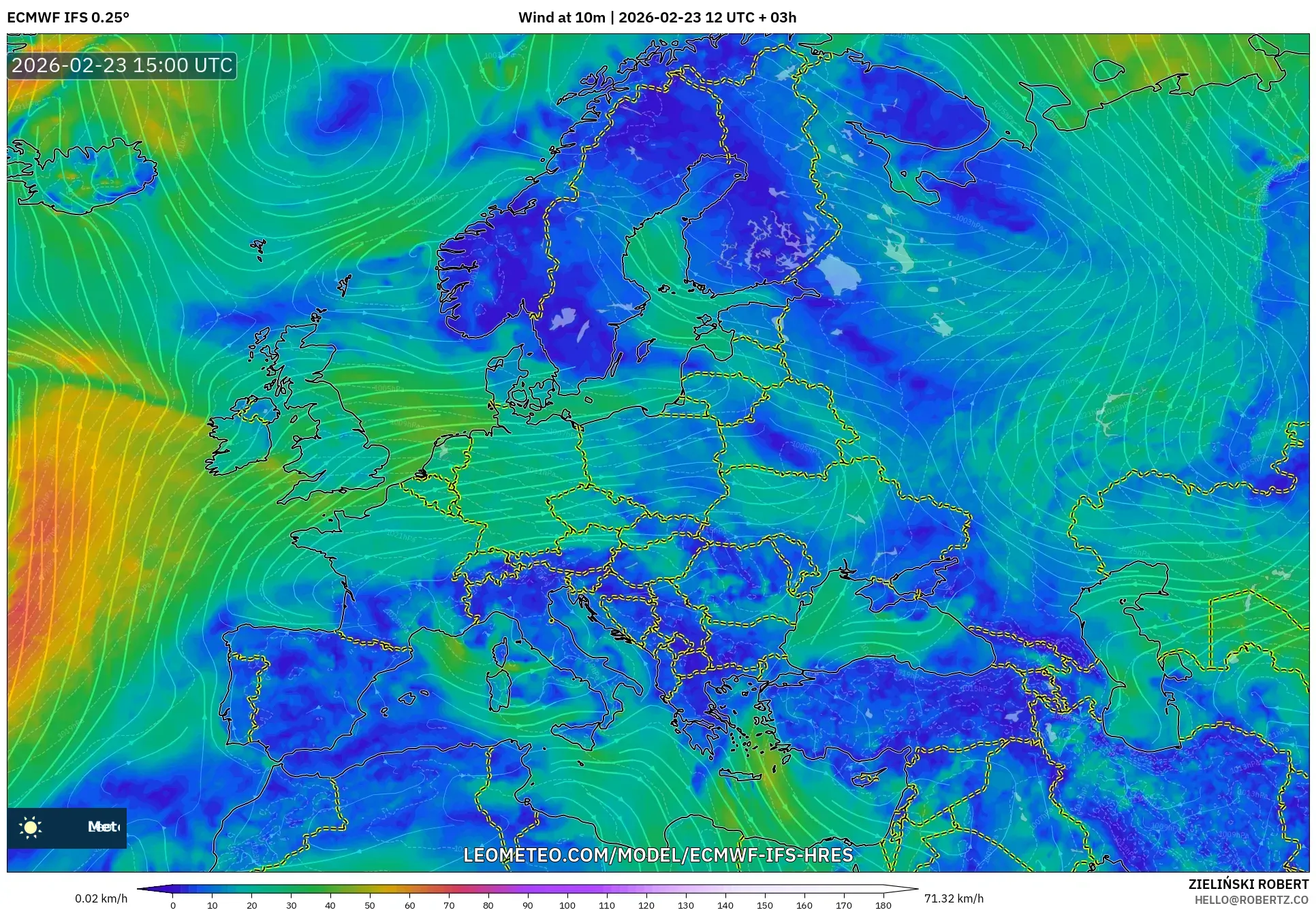 ECMWF IFS 0.25° model - Europe, Wind at 10m